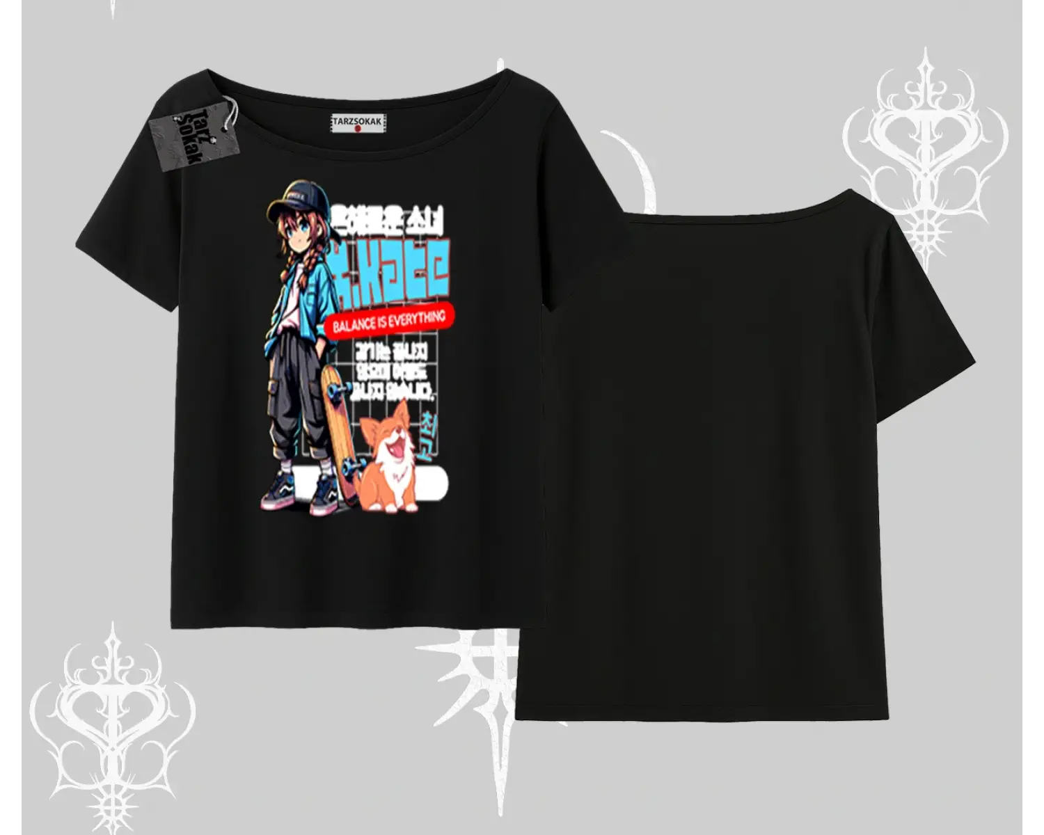 Kayık Yaka Tshirt Anime Hiker Girl Balance Is Everything Baskılı