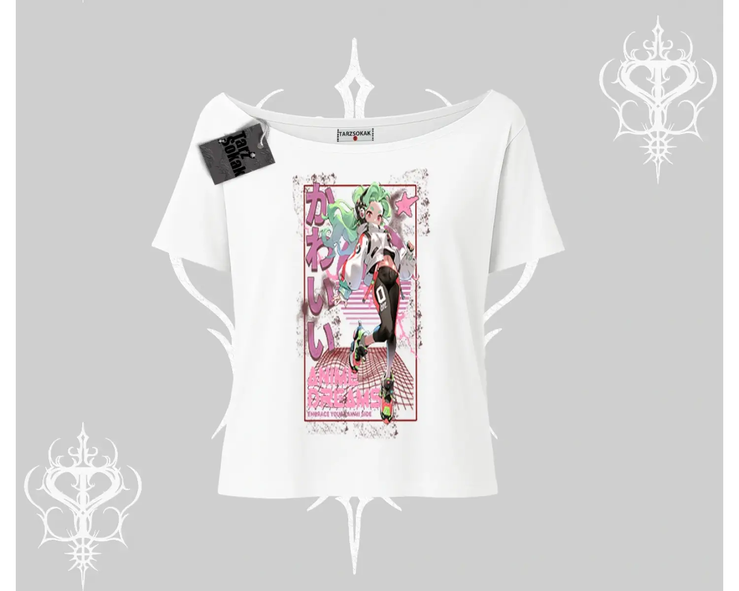 Kayık Yaka Tshirt Anime Kawaii Japon Kız Desenli