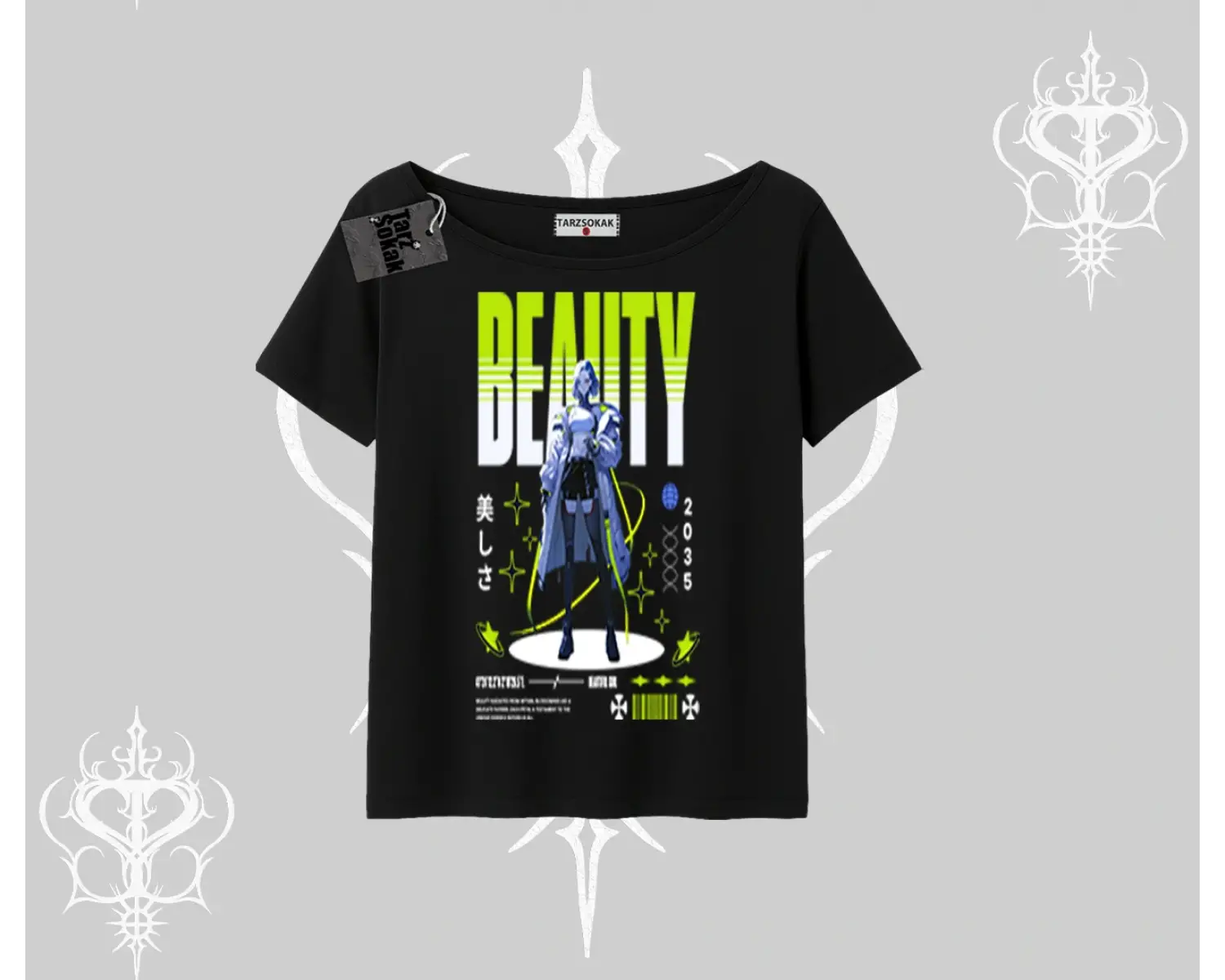 Kayık Yaka Tshirt Anime Unity Neon Detaylı Grafik Baskılı