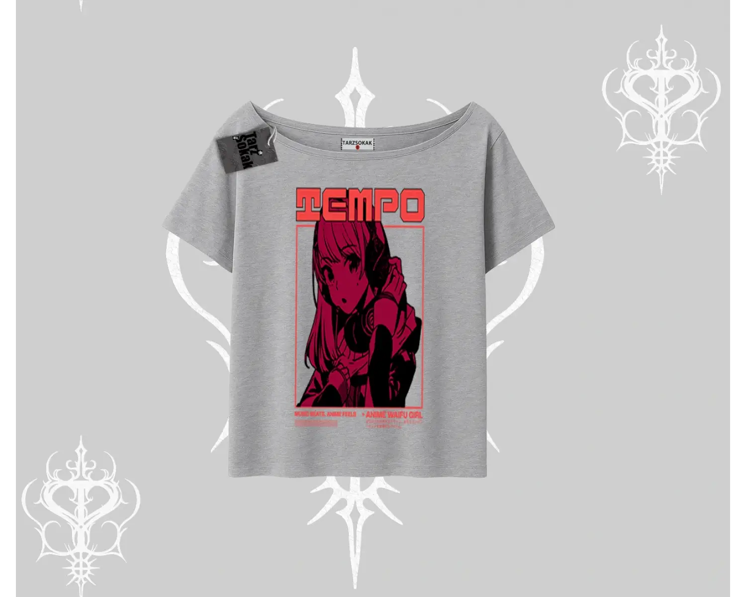 Kayık Yaka Tshirt Anime Waifu Kırmızı Grafik Desenli