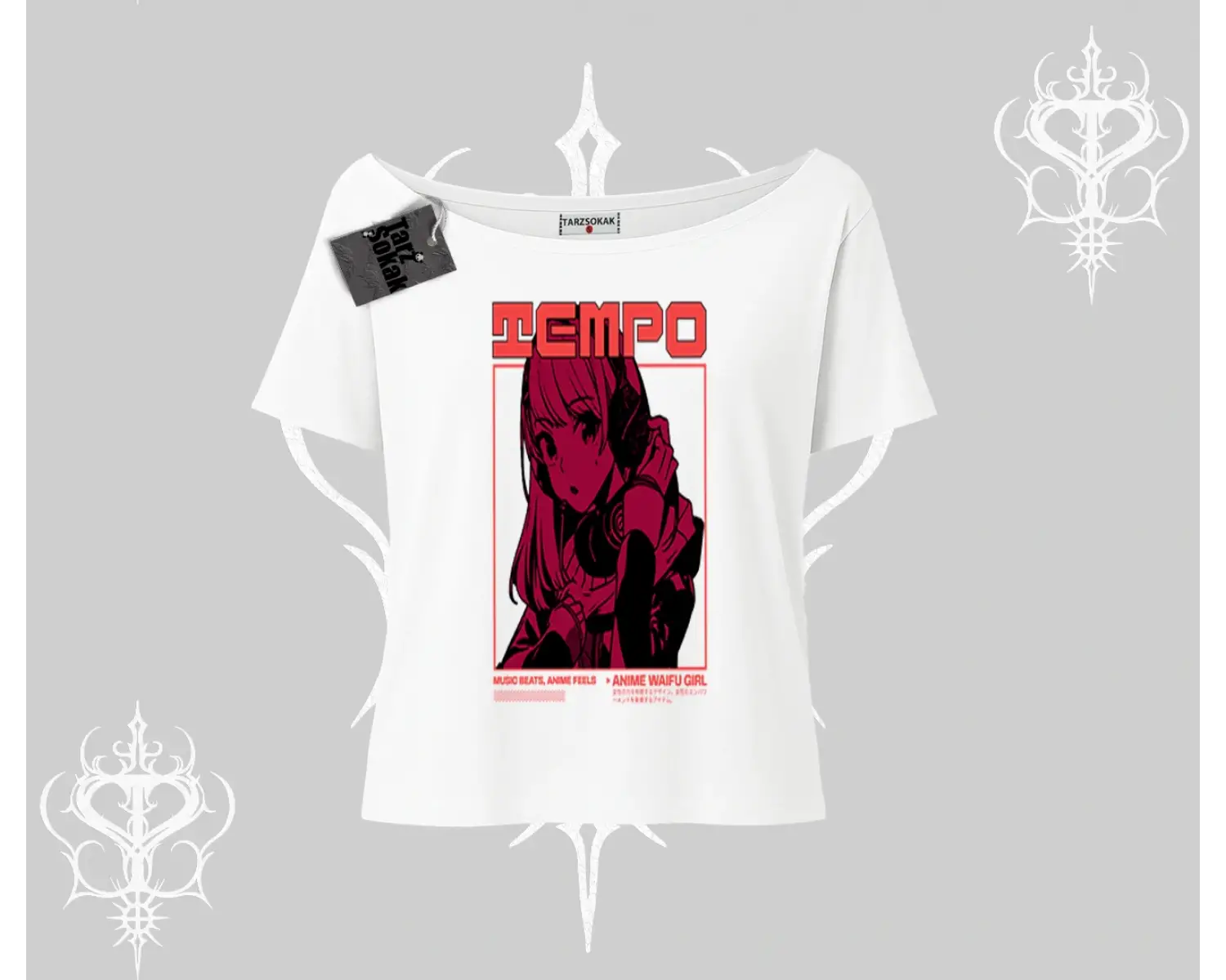 Kayık Yaka Tshirt Anime Waifu Kırmızı Grafik Desenli