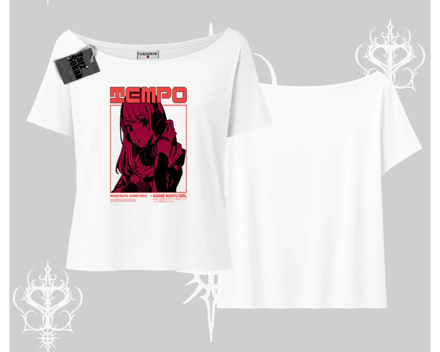 Kayık Yaka Tshirt Anime Waifu Kırmızı Grafik Desenli