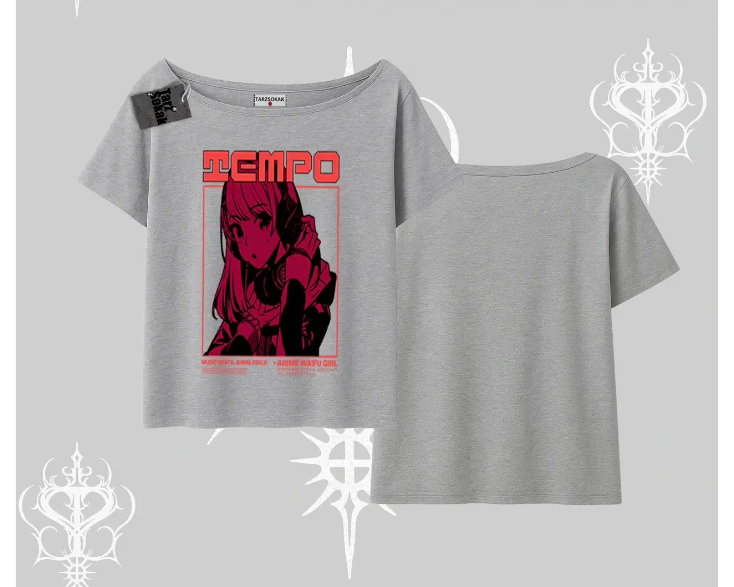 Kayık Yaka Tshirt Anime Waifu Kırmızı Grafik Desenli