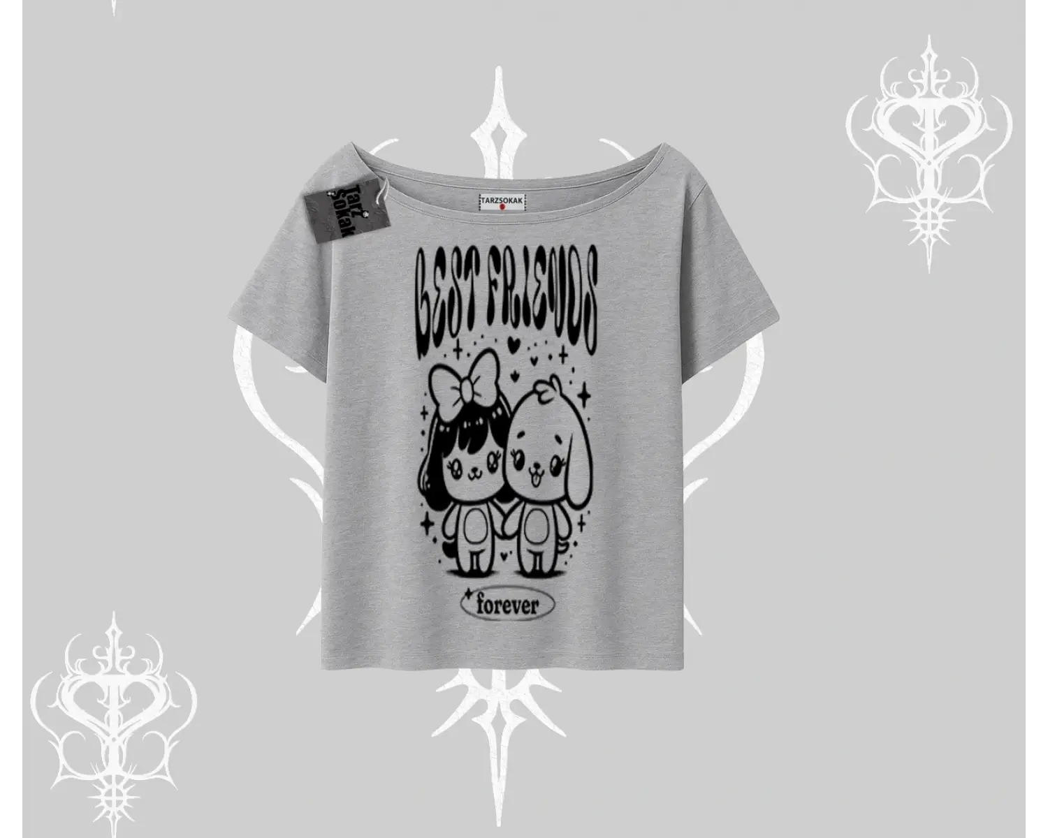 Kayık Yaka Tshirt Best Friends Forever Baskılı Sevimli Tasarım