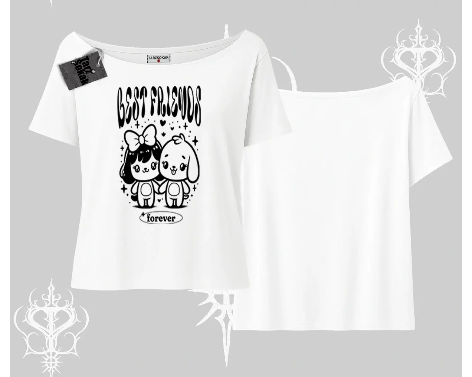 Kayık Yaka Tshirt Best Friends Forever Baskılı Sevimli Tasarım