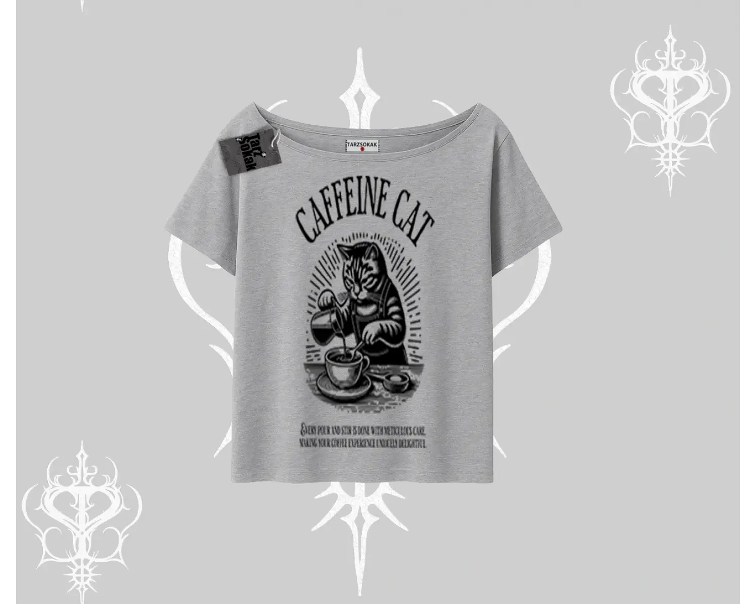 Kayık Yaka Tshirt Caffeine Cat Kahve Temalı Kedi Baskılı