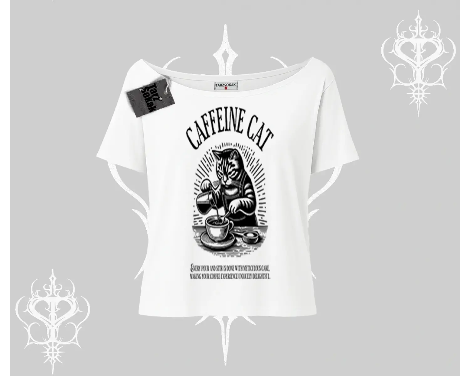 Kayık Yaka Tshirt Caffeine Cat Kahve Temalı Kedi Baskılı