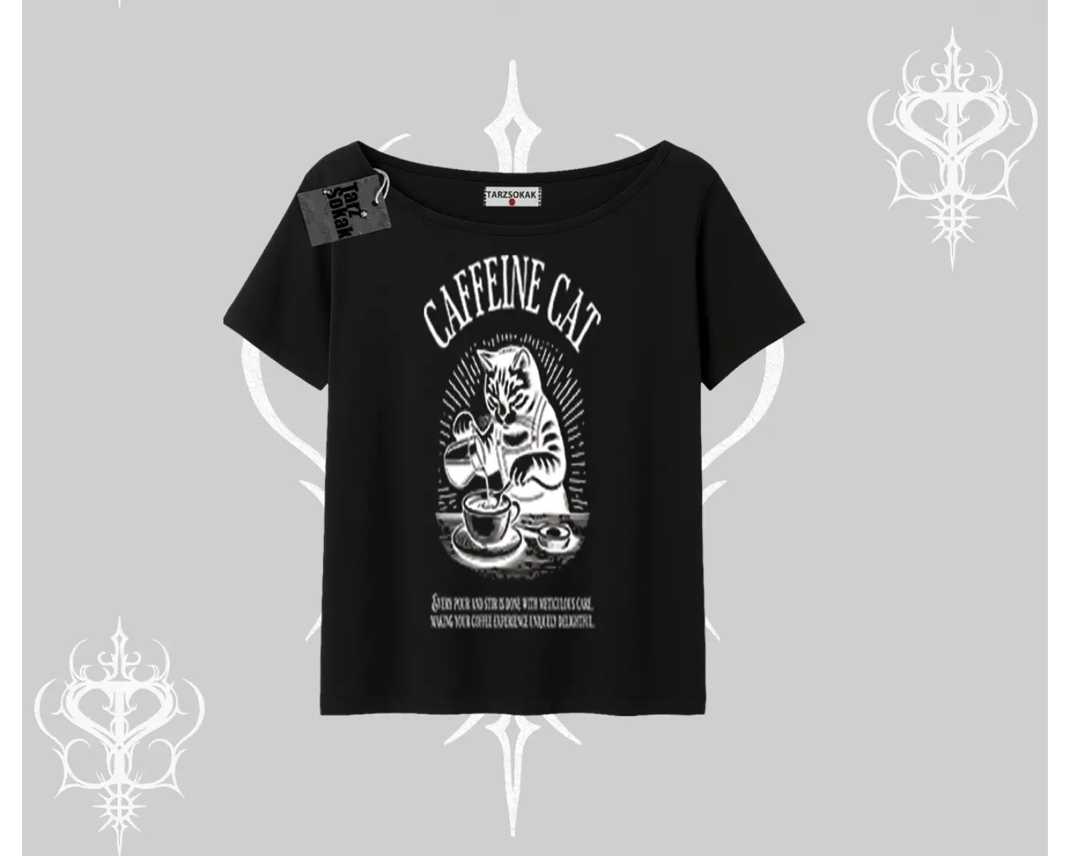 Kayık Yaka Tshirt Caffeine Cat Kahve Temalı Kedi Baskılı