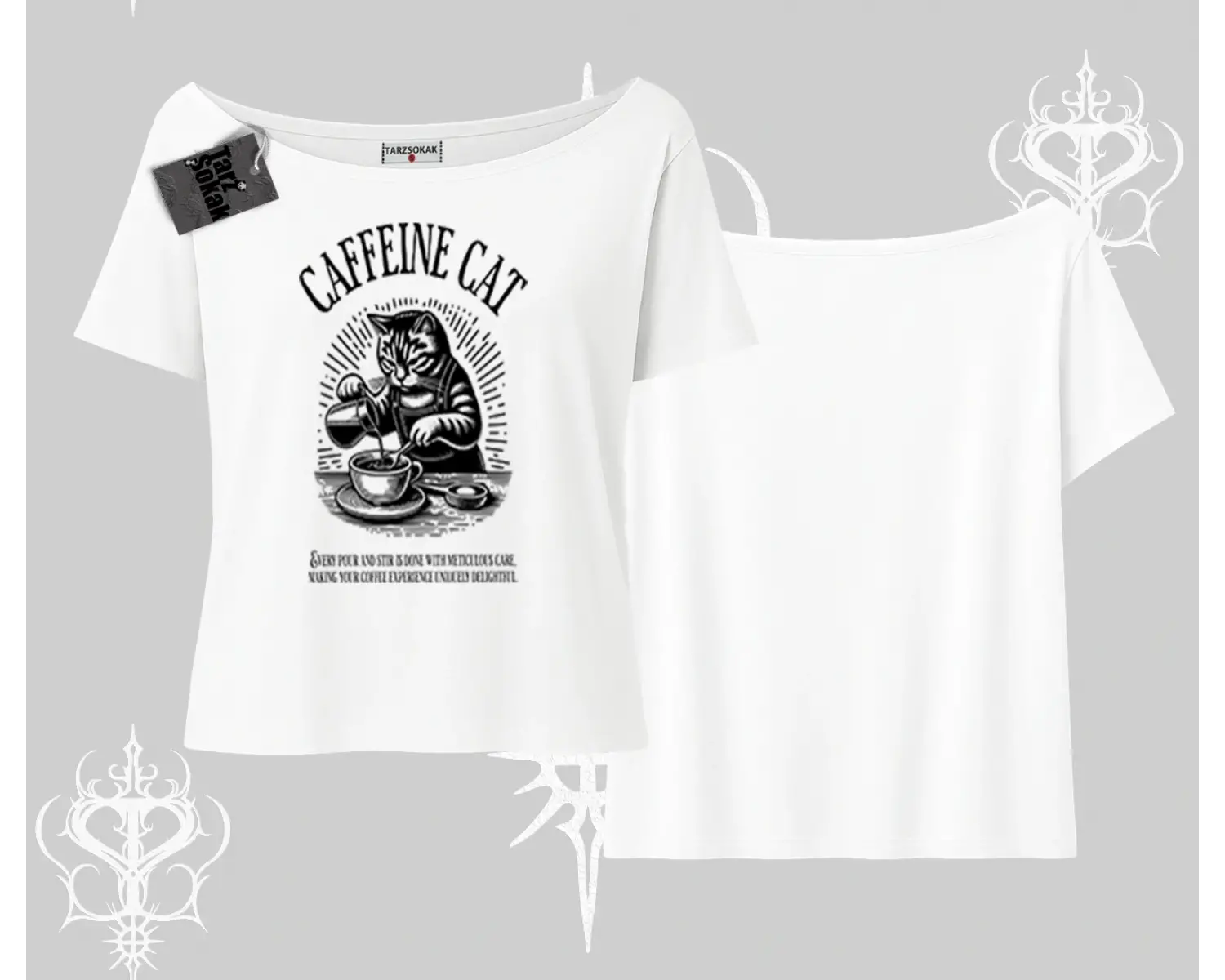 Kayık Yaka Tshirt Caffeine Cat Kahve Temalı Kedi Baskılı