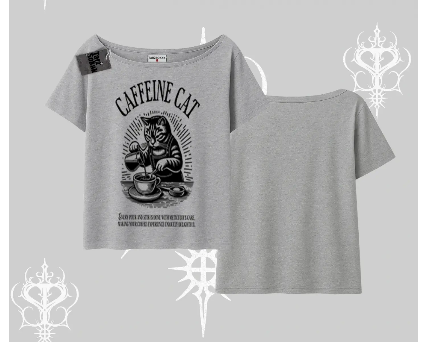 Kayık Yaka Tshirt Caffeine Cat Kahve Temalı Kedi Baskılı