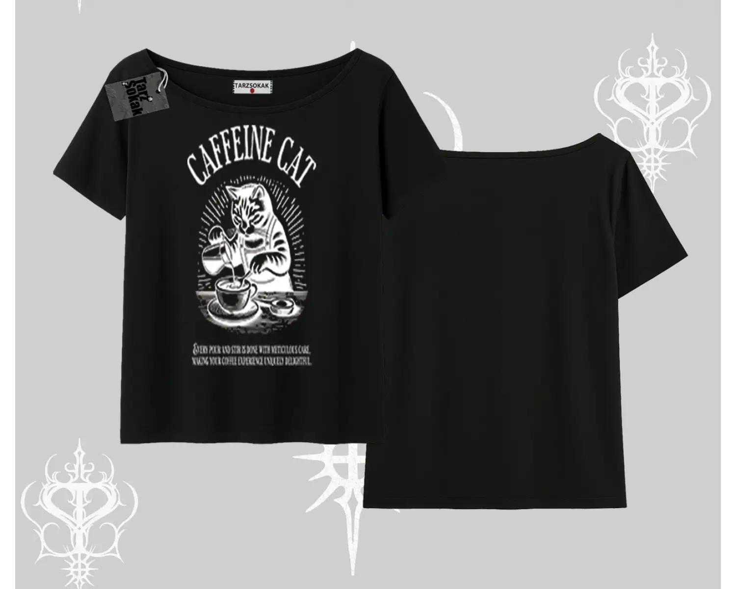 Kayık Yaka Tshirt Caffeine Cat Kahve Temalı Kedi Baskılı