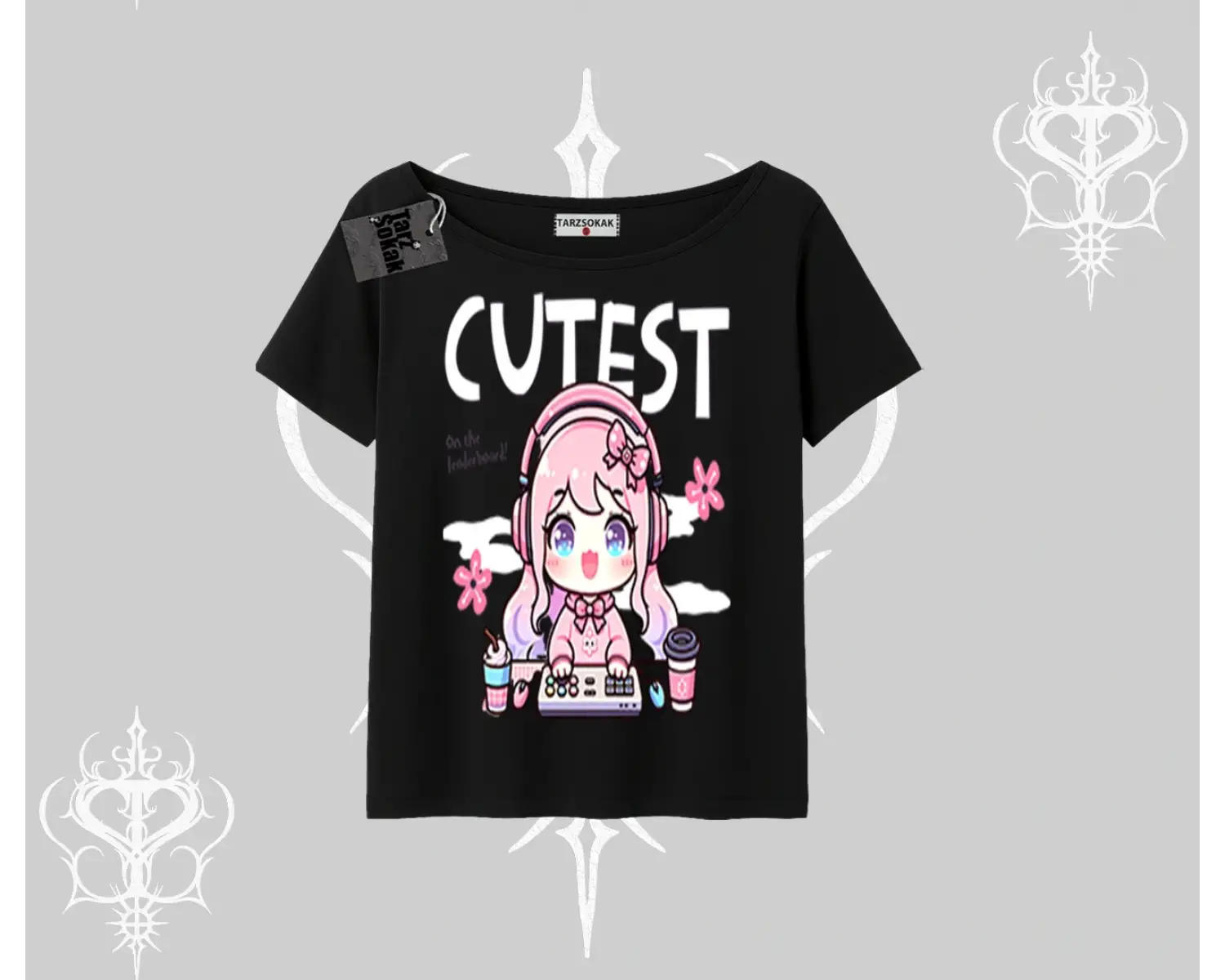 Kayık Yaka Tshirt Cute Anime Gamer Girl Baskılı