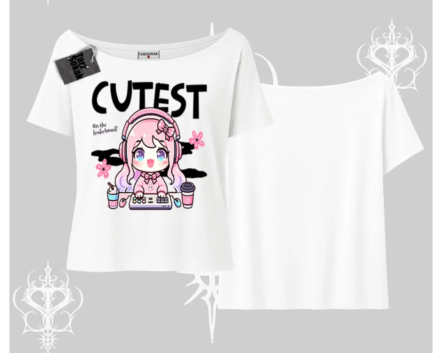 Kayık Yaka Tshirt Cute Anime Gamer Girl Baskılı