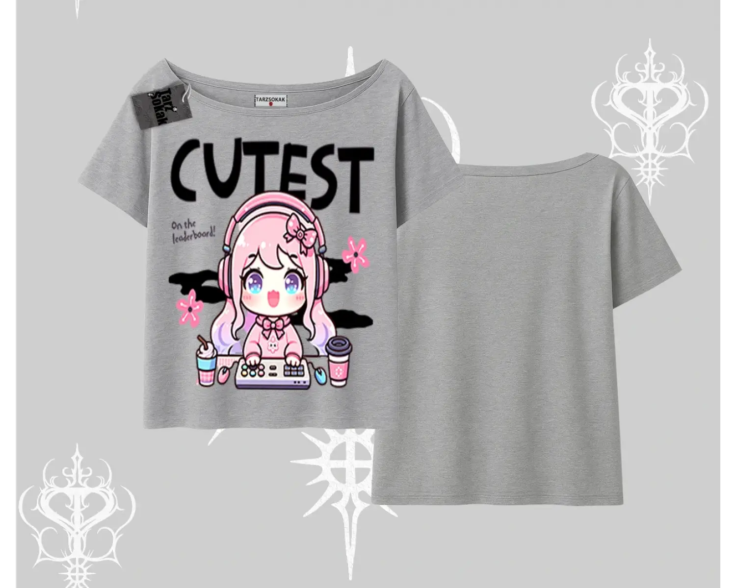 Kayık Yaka Tshirt Cute Anime Gamer Girl Baskılı