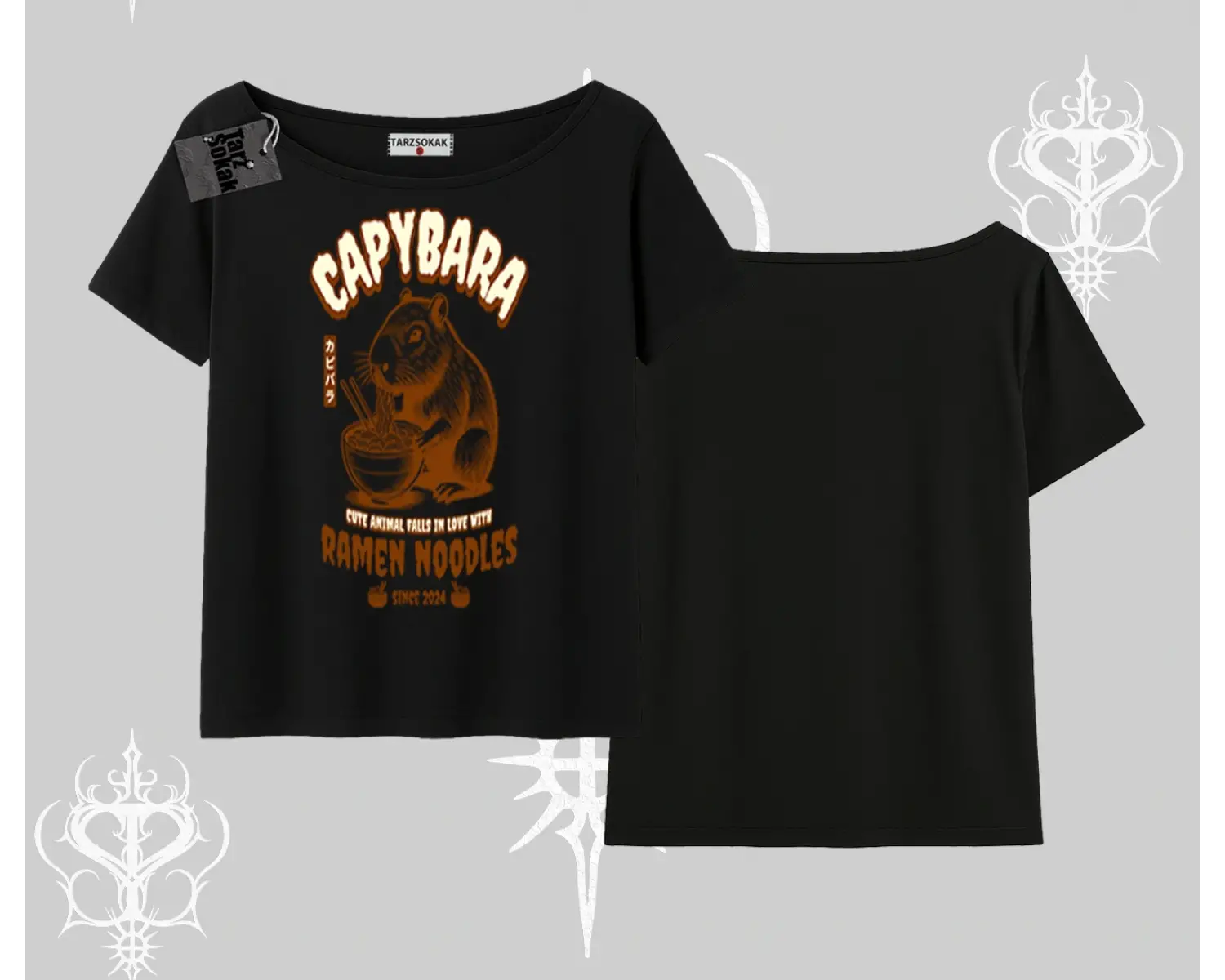 Kayık Yaka Tshirt Cute Capybara Enjoying Ramen Noodles Artwork