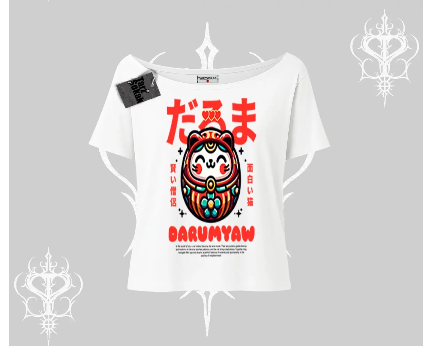 Kayık Yaka Tshirt Daruma Kedi Anime Baskılı