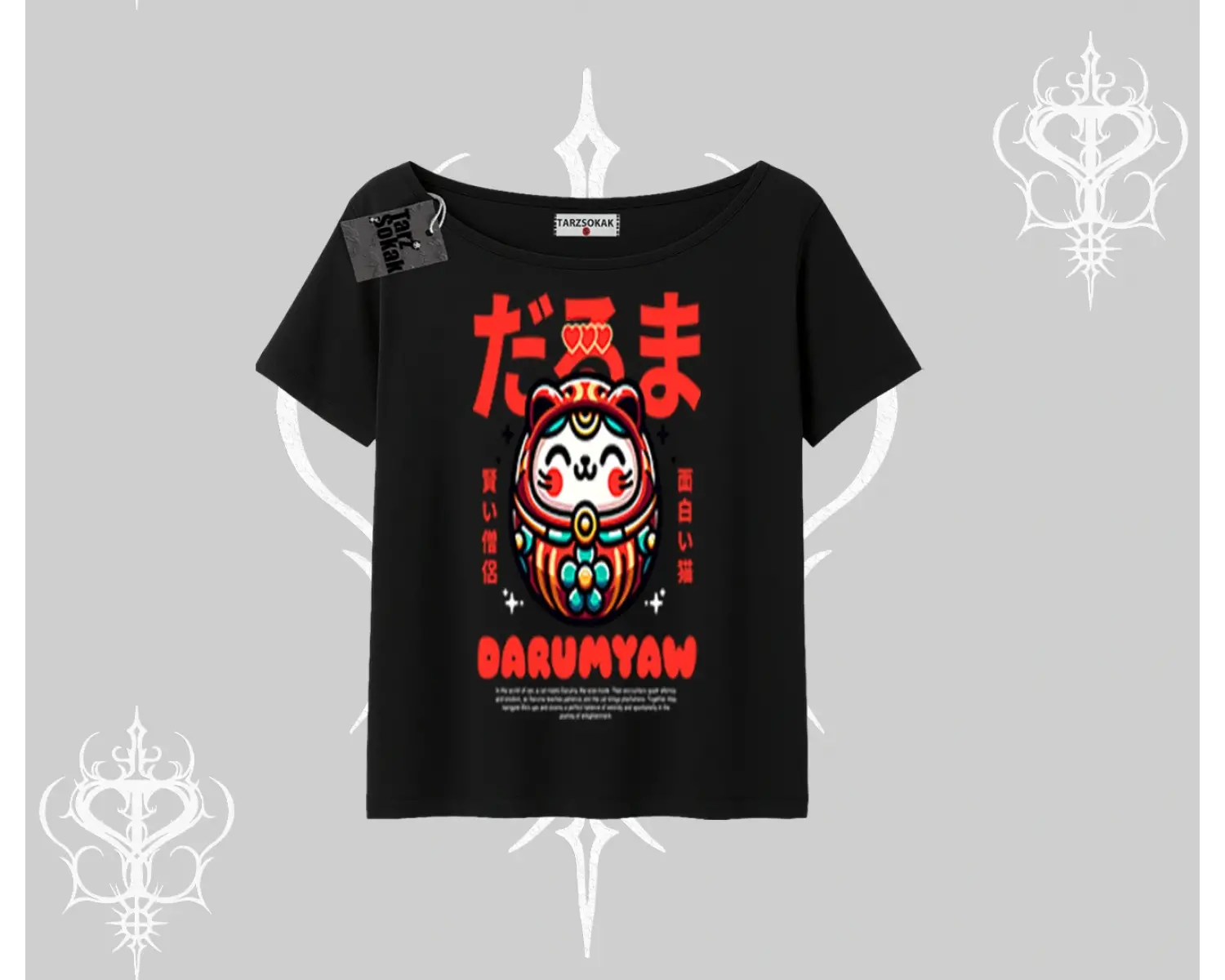 Kayık Yaka Tshirt Daruma Kedi Anime Baskılı