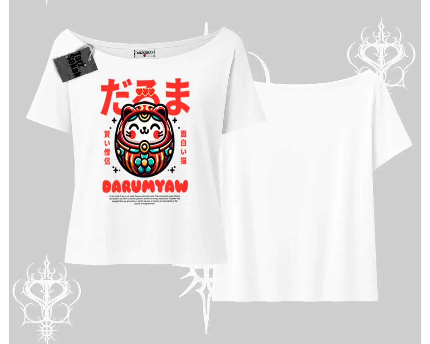 Kayık Yaka Tshirt Daruma Kedi Anime Baskılı