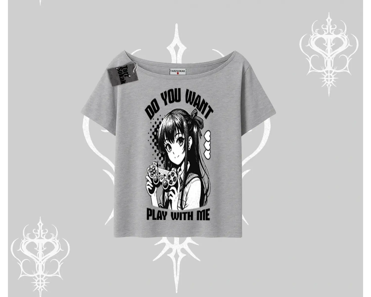 Kayık Yaka Tshirt Do You Want Play With Me Anime Kız Baskılı