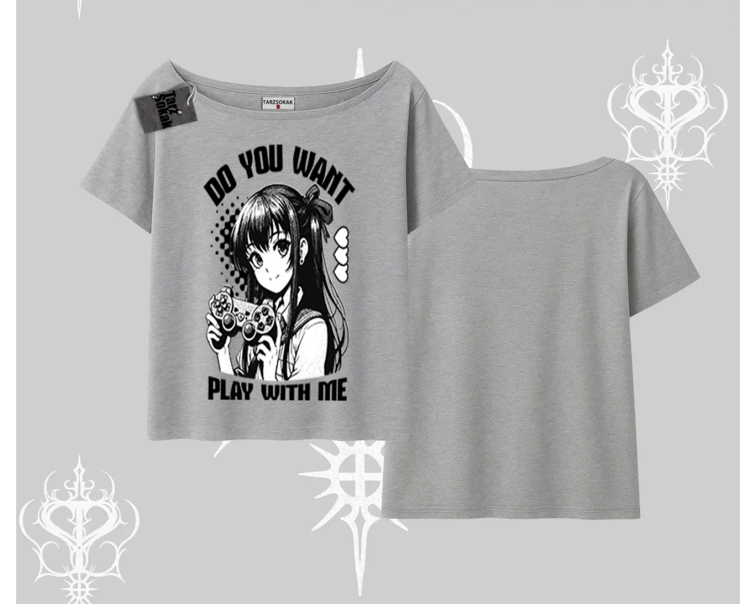 Kayık Yaka Tshirt Do You Want Play With Me Anime Kız Baskılı