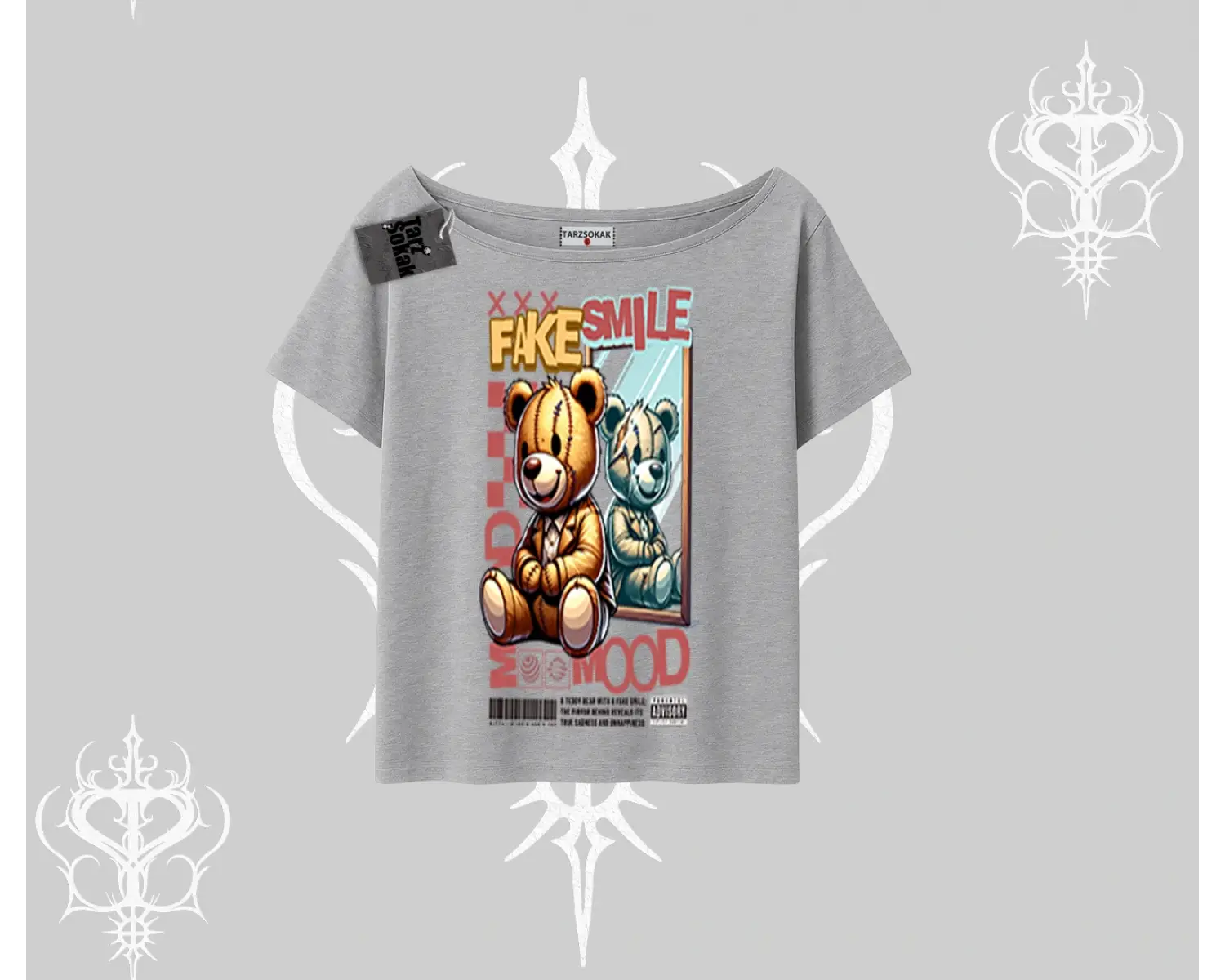 Kayık Yaka Tshirt Fake Smile Mood Ayıcık Grafik Baskılı