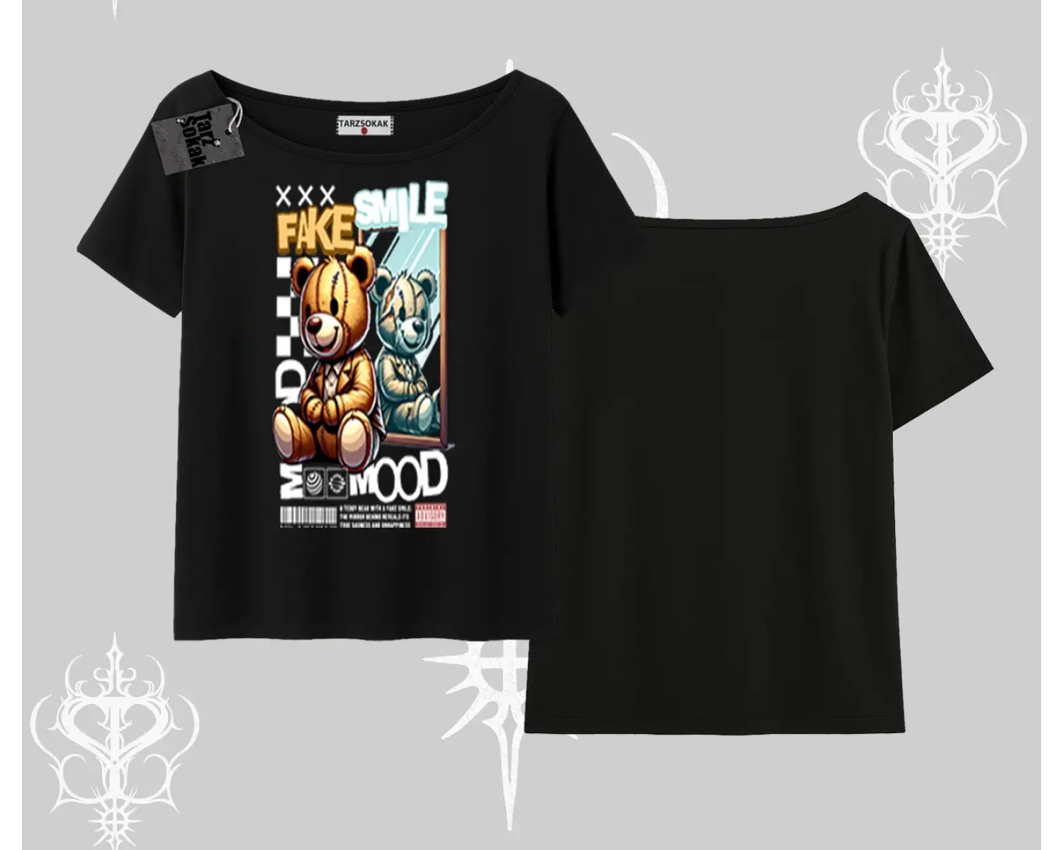 Kayık Yaka Tshirt Fake Smile Mood Ayıcık Grafik Baskılı