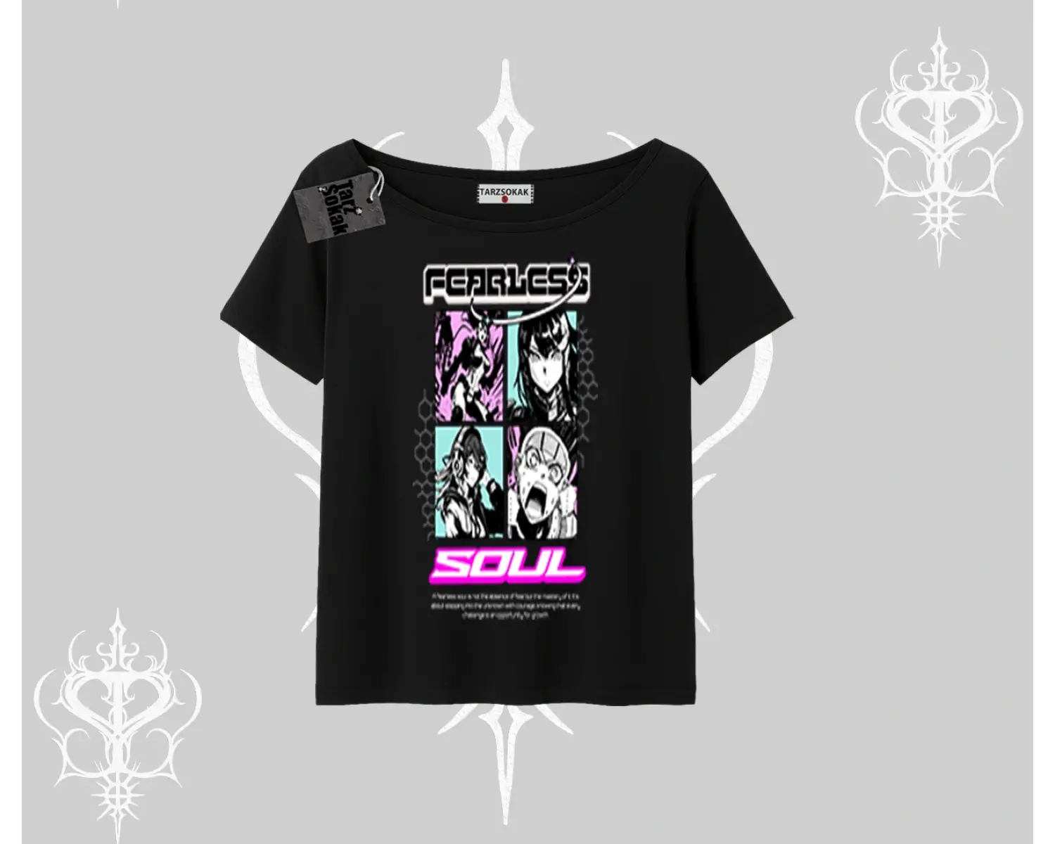 Kayık Yaka Tshirt Fearless Soul Anime Kolaj Baskılı