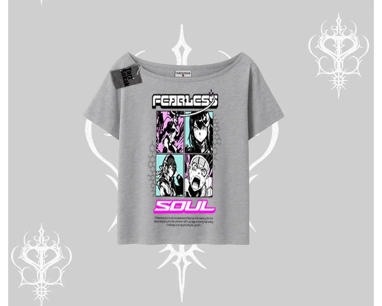 Kayık Yaka Tshirt Fearless Soul Anime Kolaj Baskılı