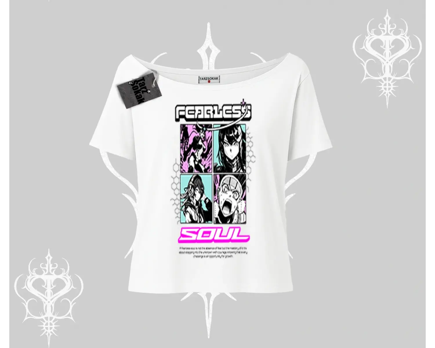 Kayık Yaka Tshirt Fearless Soul Anime Kolaj Baskılı