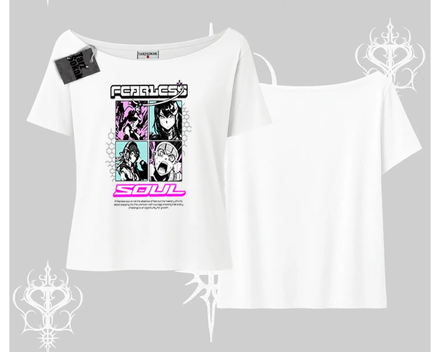 Kayık Yaka Tshirt Fearless Soul Anime Kolaj Baskılı