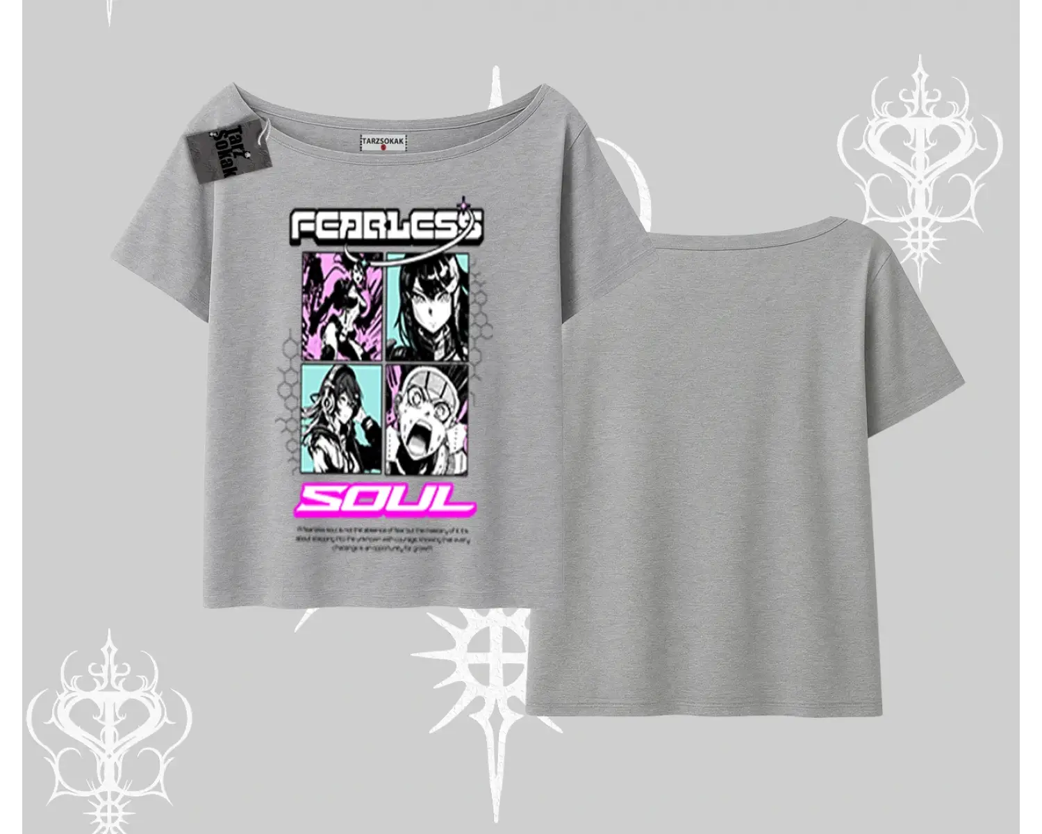 Kayık Yaka Tshirt Fearless Soul Anime Kolaj Baskılı