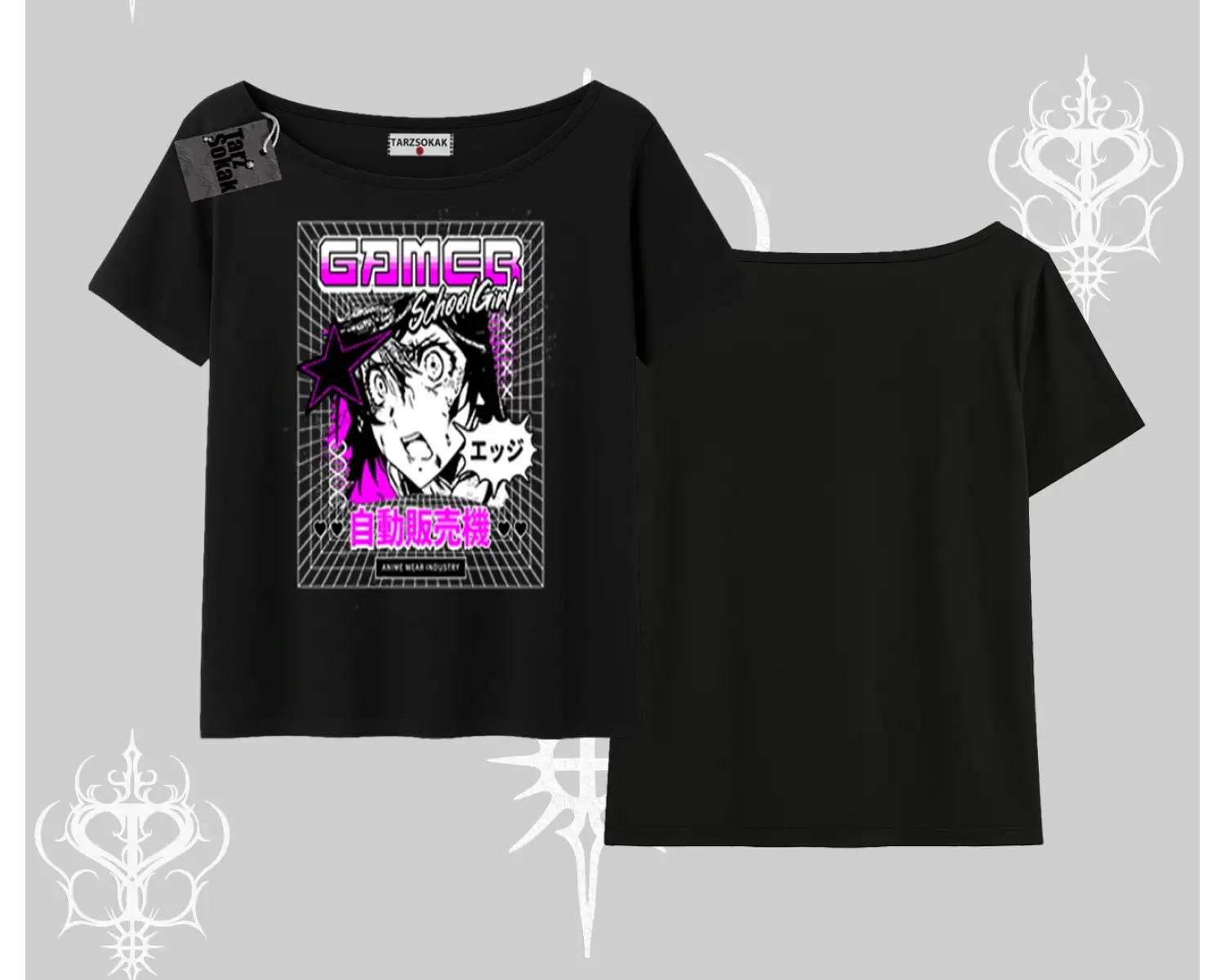 Kayık Yaka Tshirt Games Schoolgirl Anime Baskılı