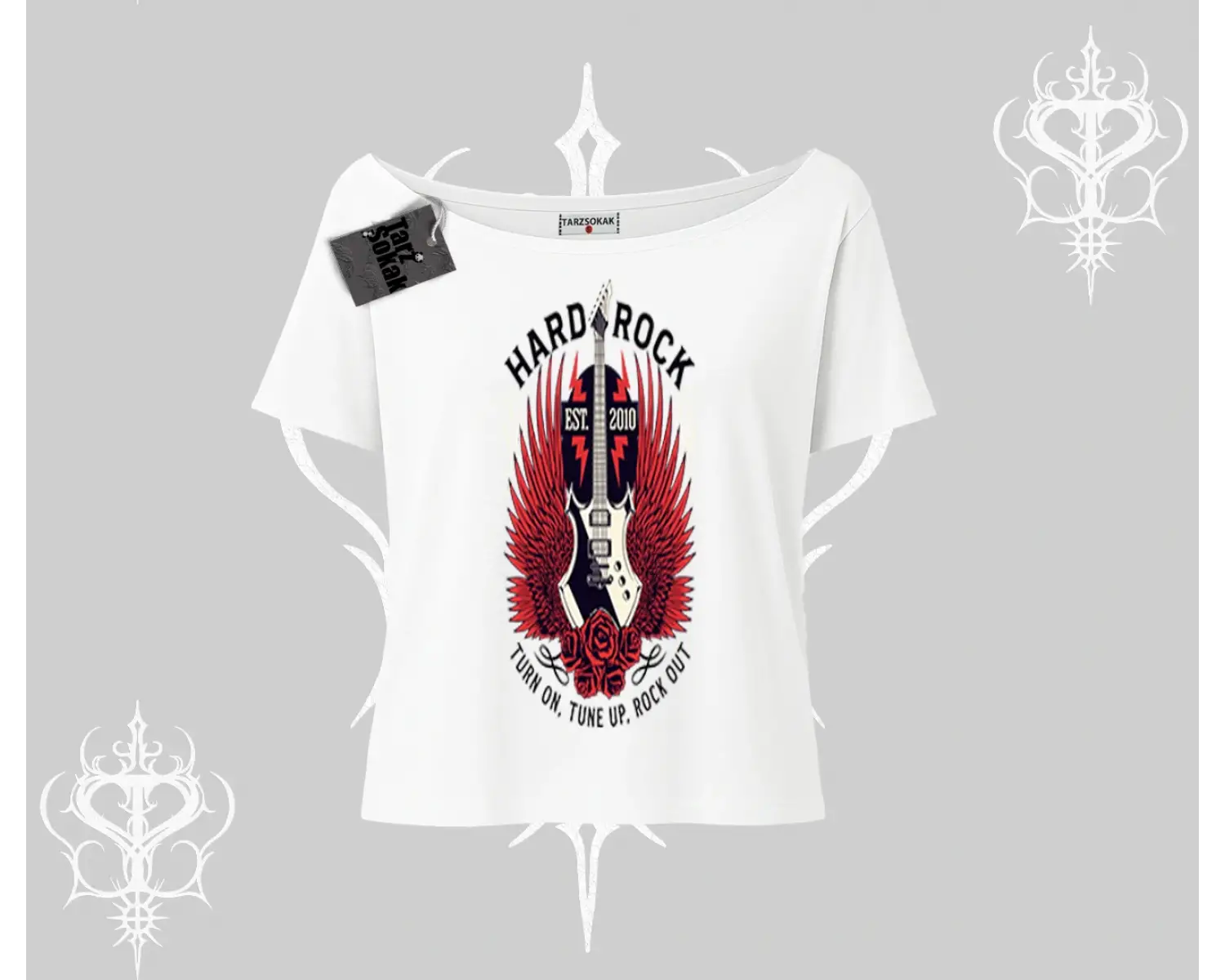 Kayık Yaka Tshirt Hard Rock Winged Guitar Rebellion
