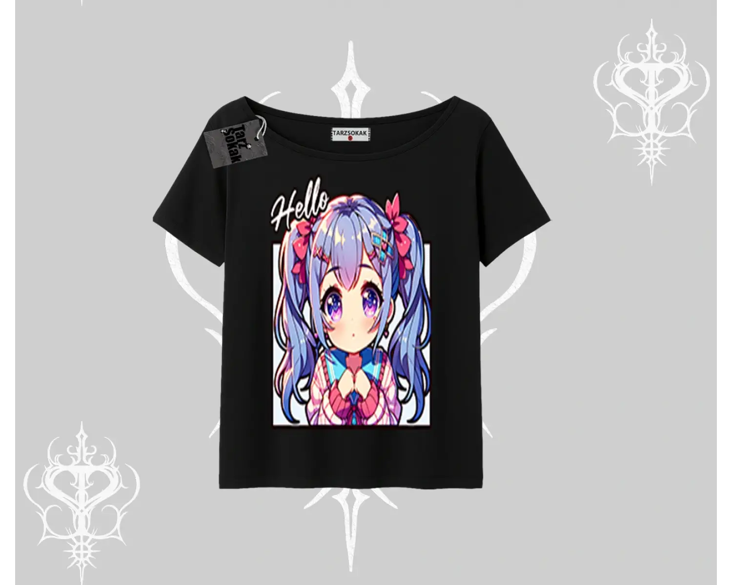 Kayık Yaka Tshirt Hello Anime Kız Sevimli Karakter Baskılı