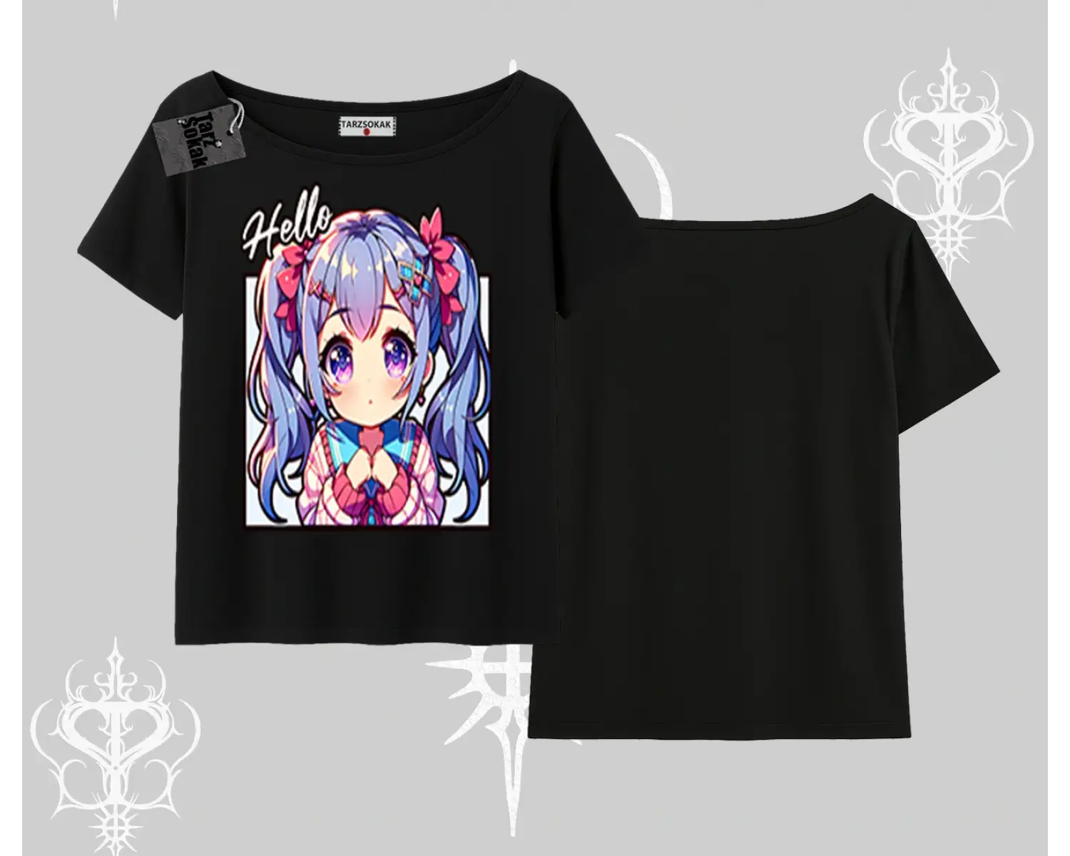 Kayık Yaka Tshirt Hello Anime Kız Sevimli Karakter Baskılı