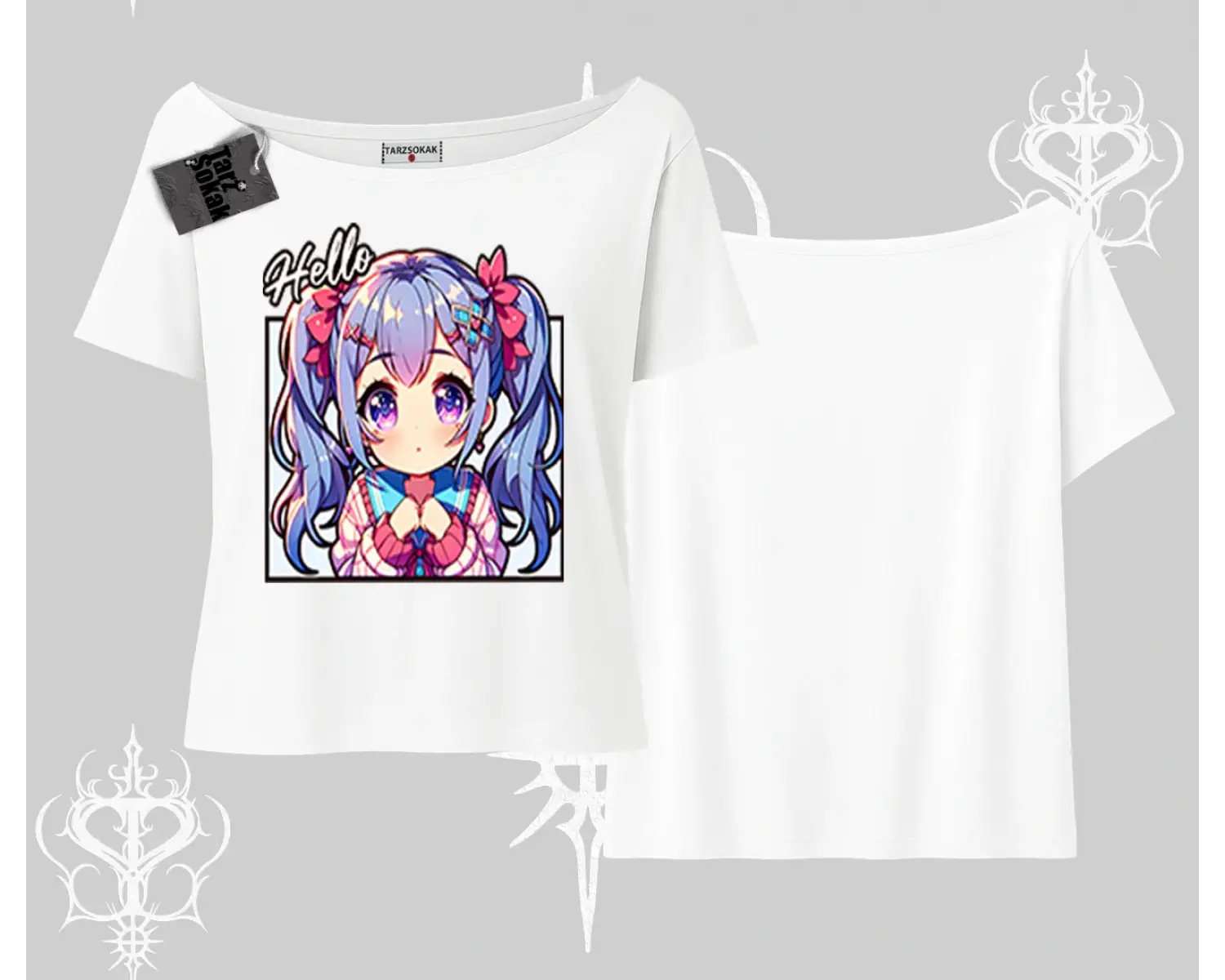 Kayık Yaka Tshirt Hello Anime Kız Sevimli Karakter Baskılı