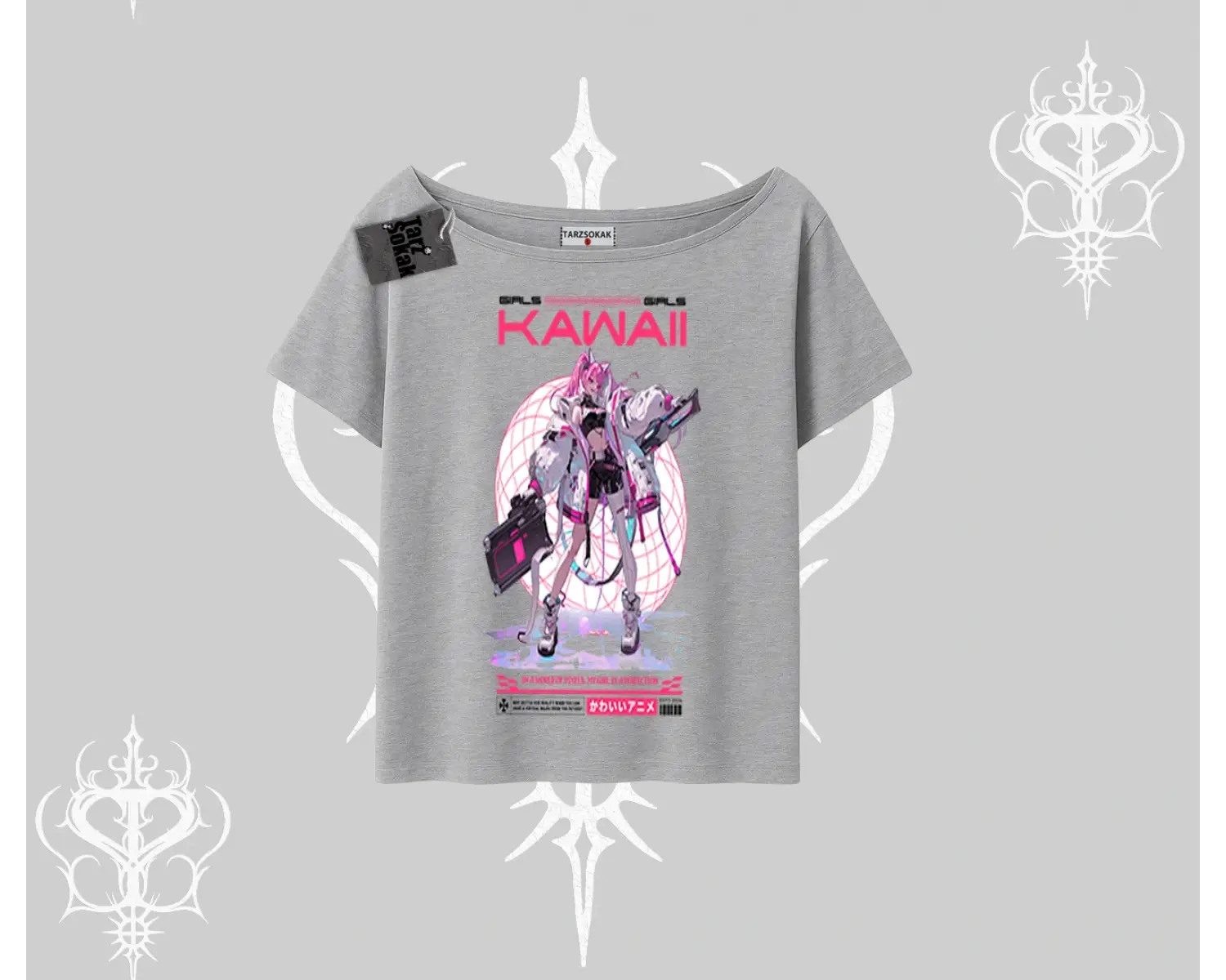Kayık Yaka Tshirt Kawaii Cyberpunk Kız Japon Stil Baskı