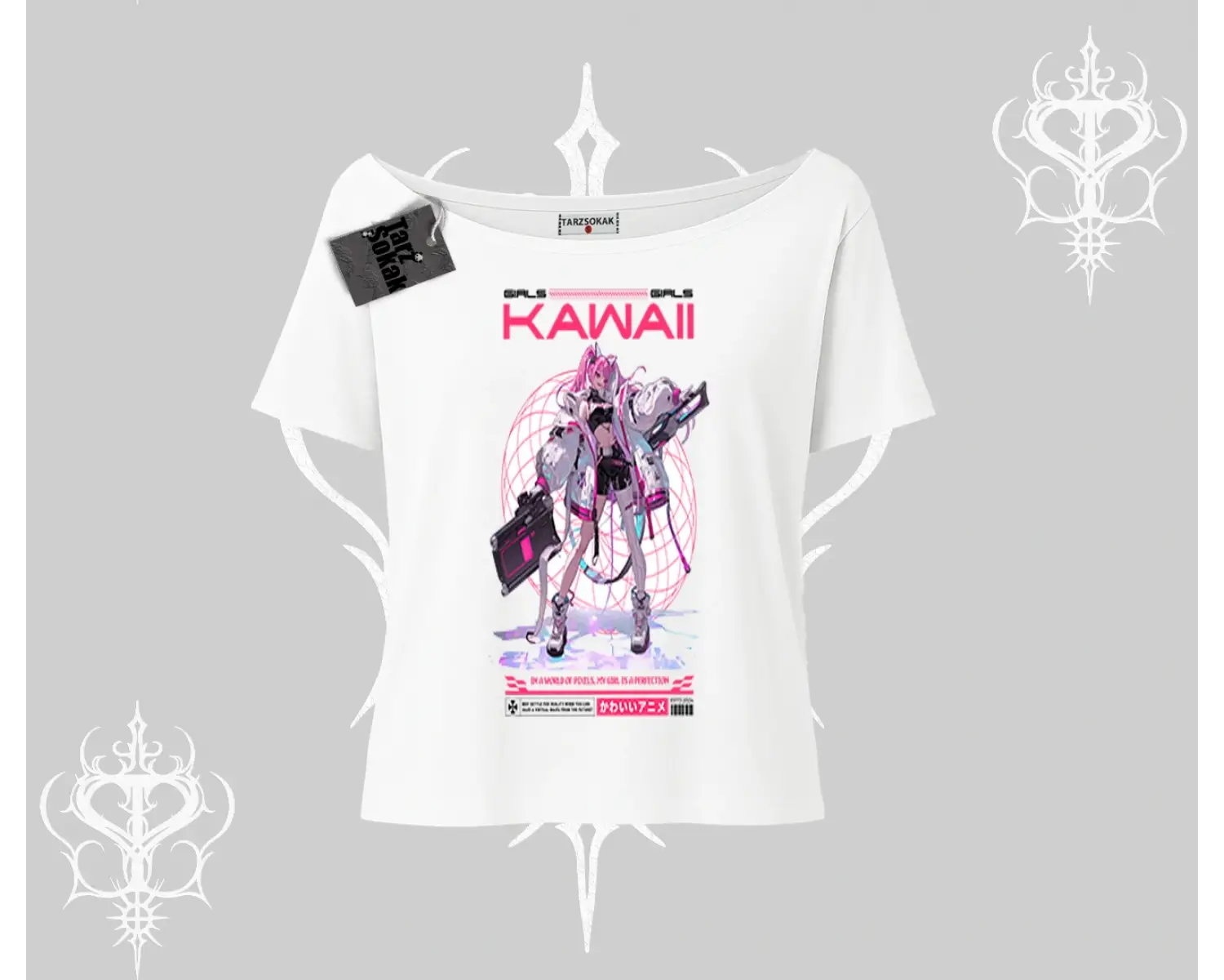 Kayık Yaka Tshirt Kawaii Cyberpunk Kız Japon Stil Baskı