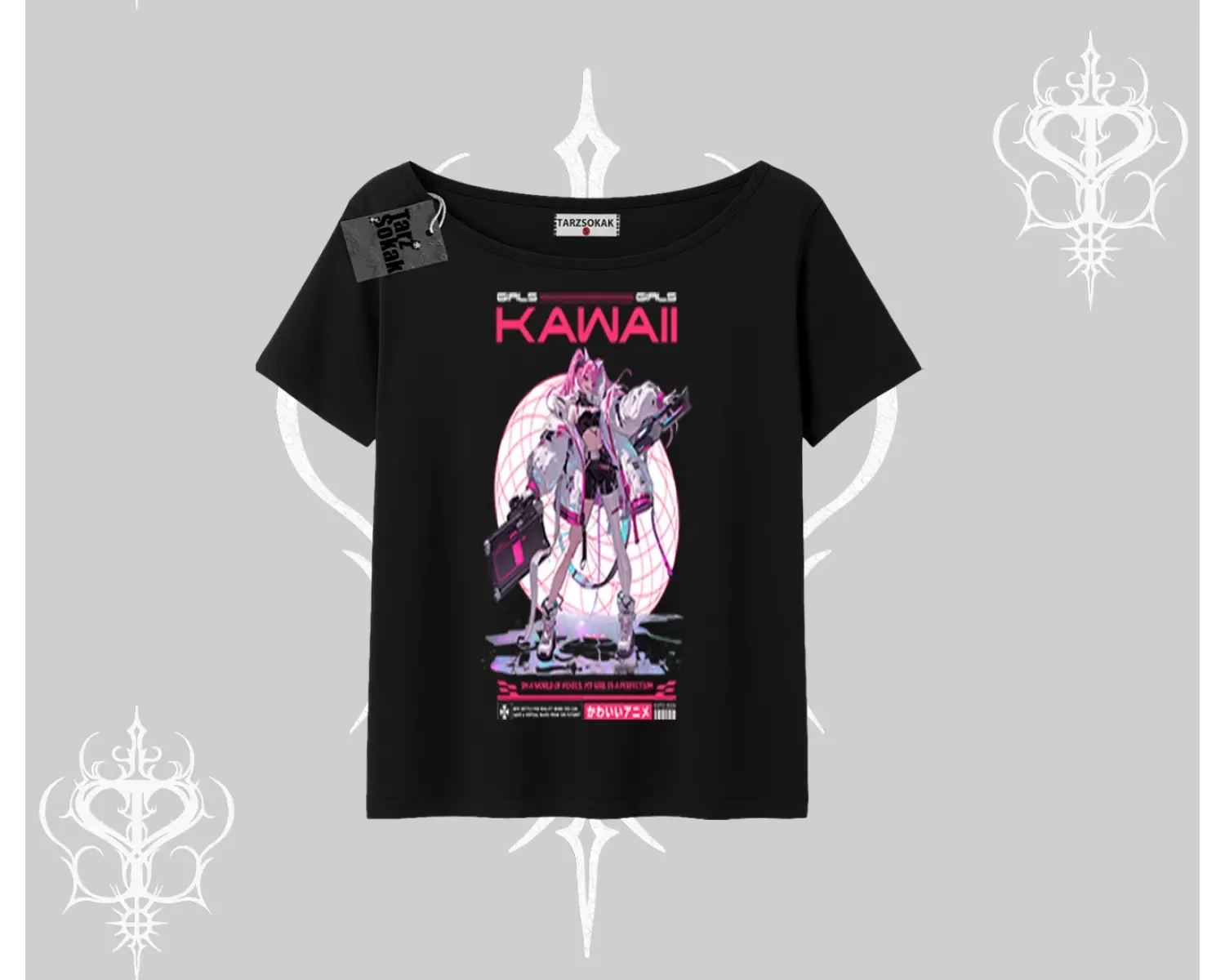 Kayık Yaka Tshirt Kawaii Cyberpunk Kız Japon Stil Baskı