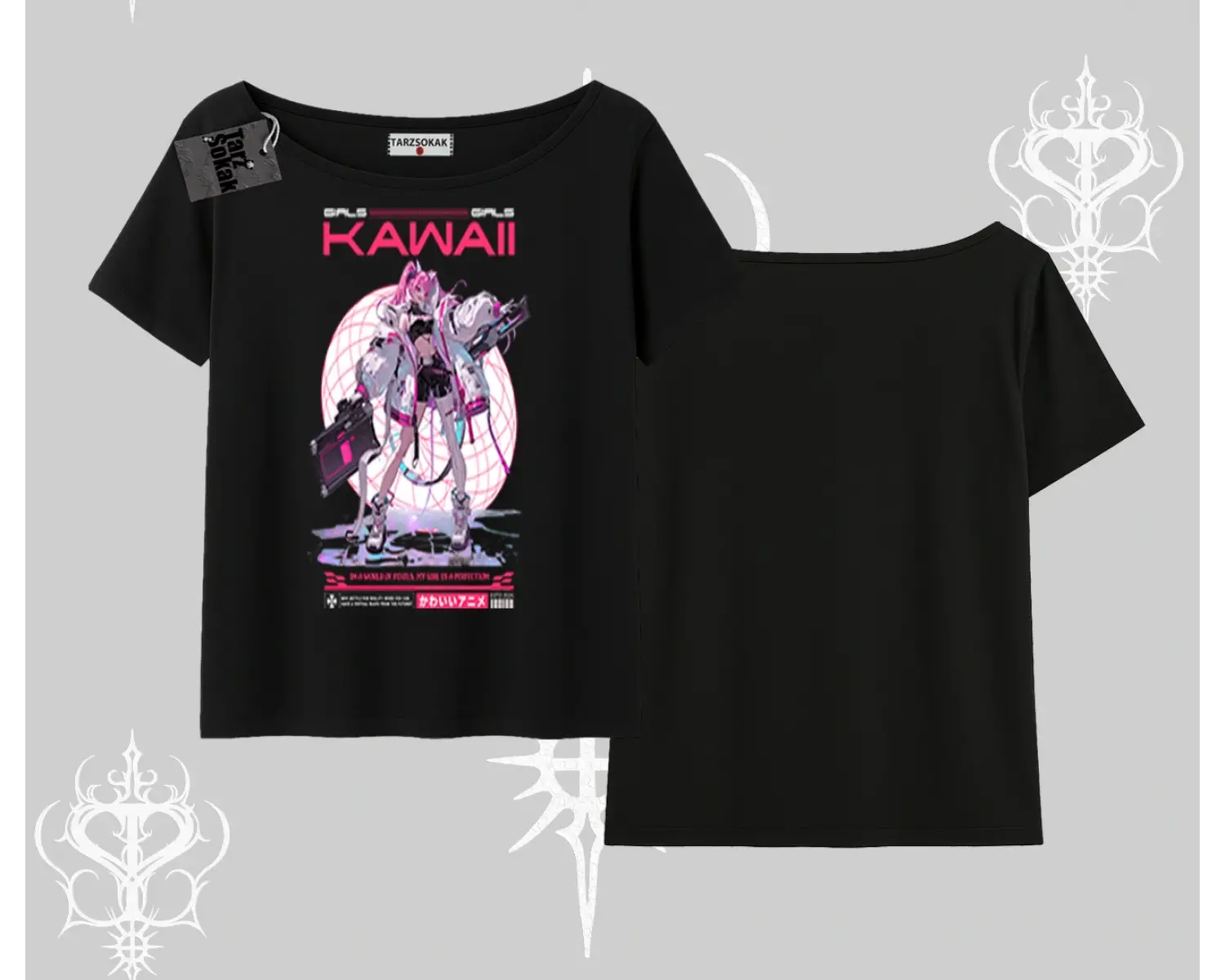 Kayık Yaka Tshirt Kawaii Cyberpunk Kız Japon Stil Baskı