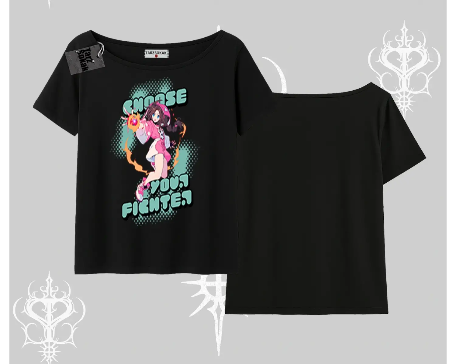 Kayık Yaka Tshirt Oversize  Anime Kız Desenli Japon Stil