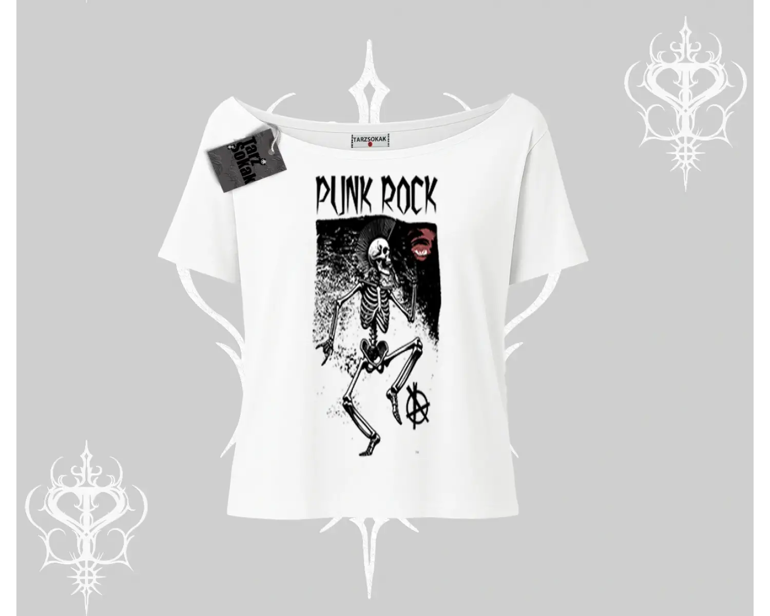 Kayık Yaka Tshirt Punk Rock Chaos Skeleton Riot