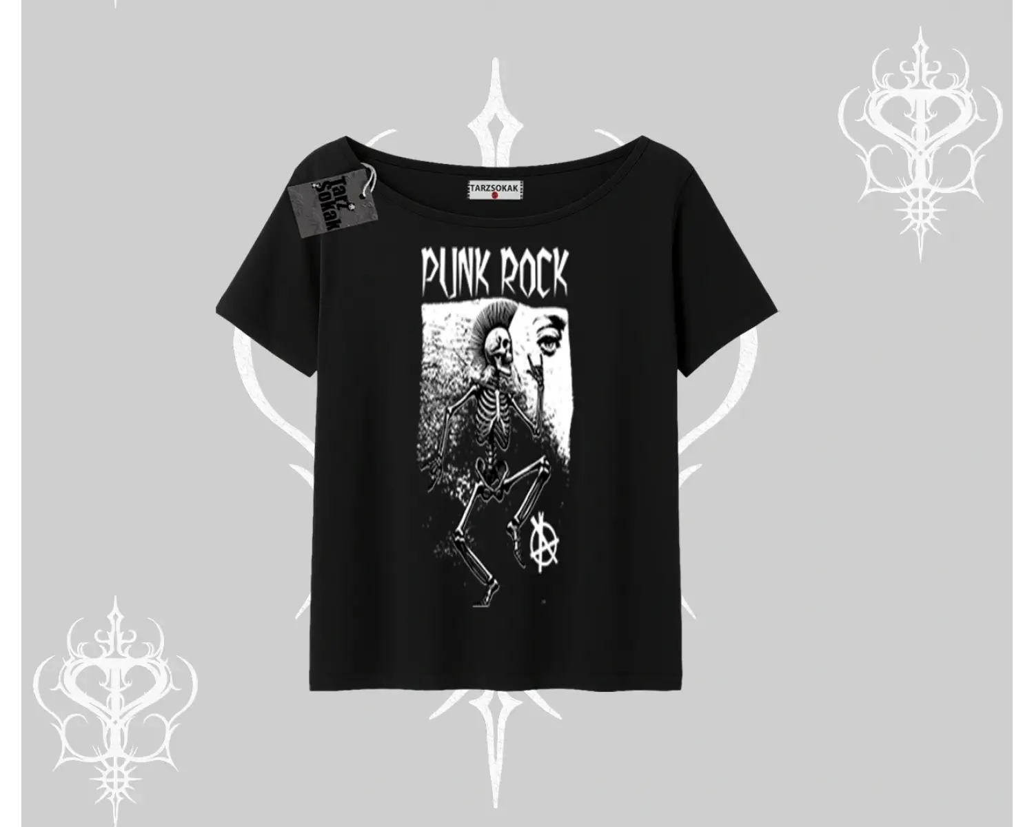Kayık Yaka Tshirt Punk Rock Chaos Skeleton Riot