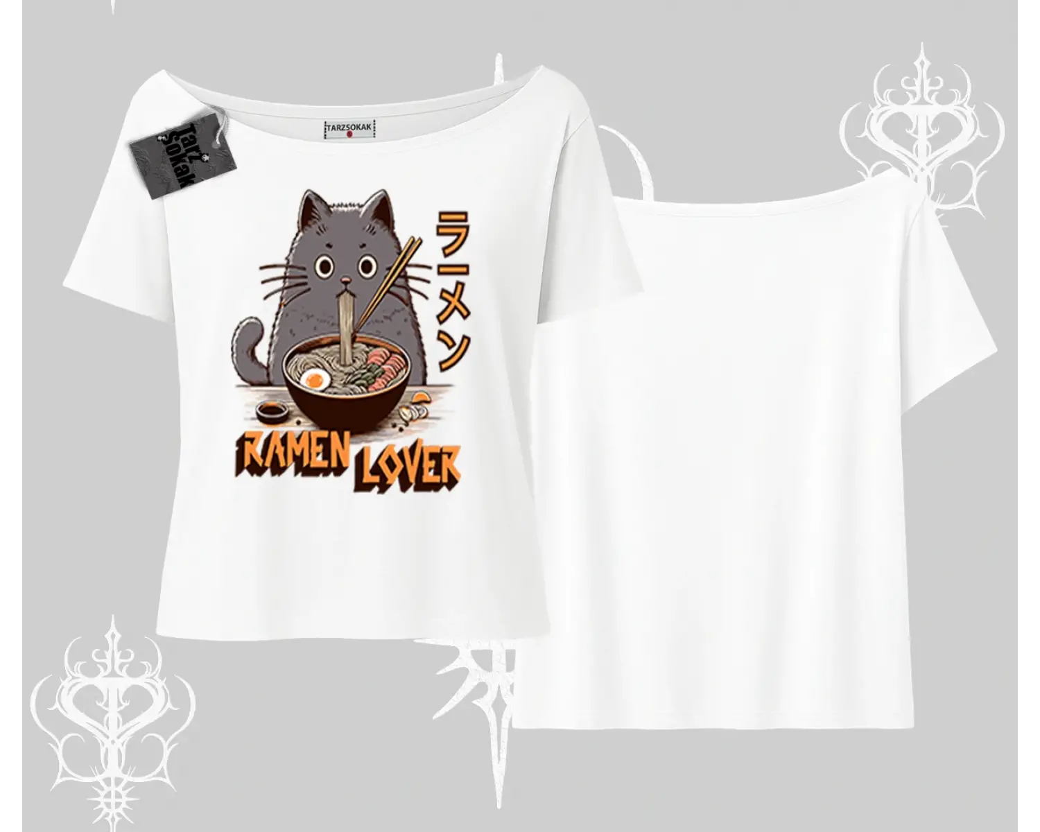 Kayık Yaka Tshirt Ramen Lover Kedi Anime Baskılı