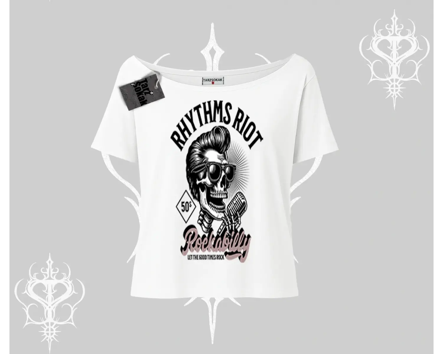 Kayık Yaka Tshirt Rhythms Riot Vintage Rockabilly Skull Street Aesthetic