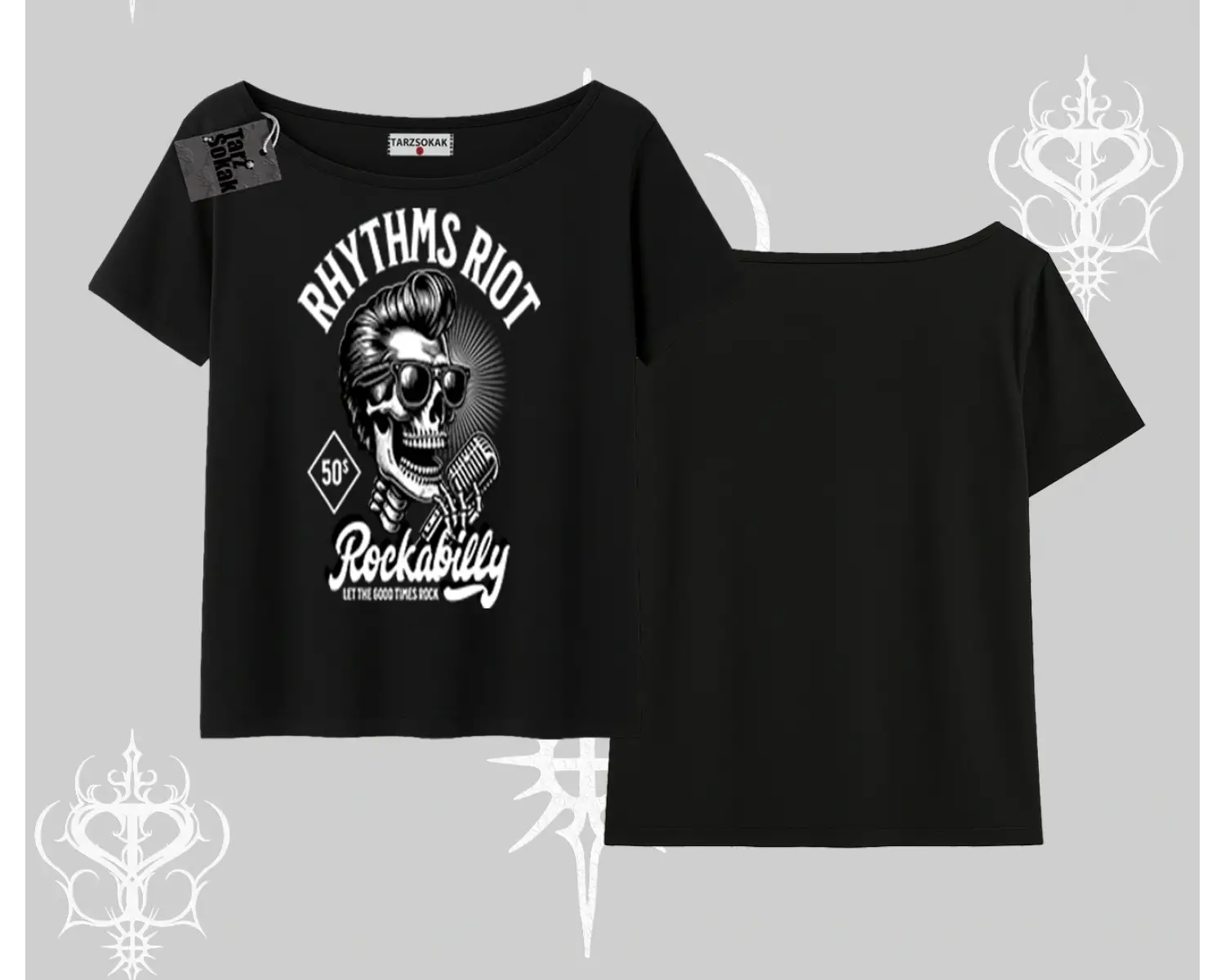 Kayık Yaka Tshirt Rhythms Riot Vintage Rockabilly Skull Street Aesthetic