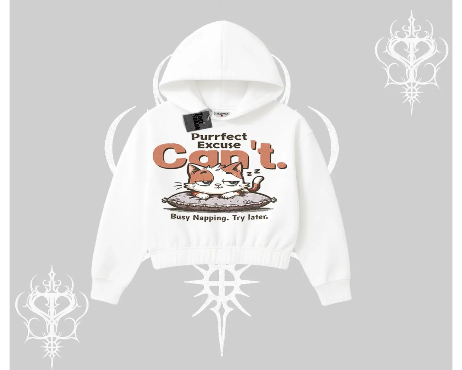 Kedi Baskılı Cant Busy Napping Y2K  Kapşonlu Crop Sweatshirt