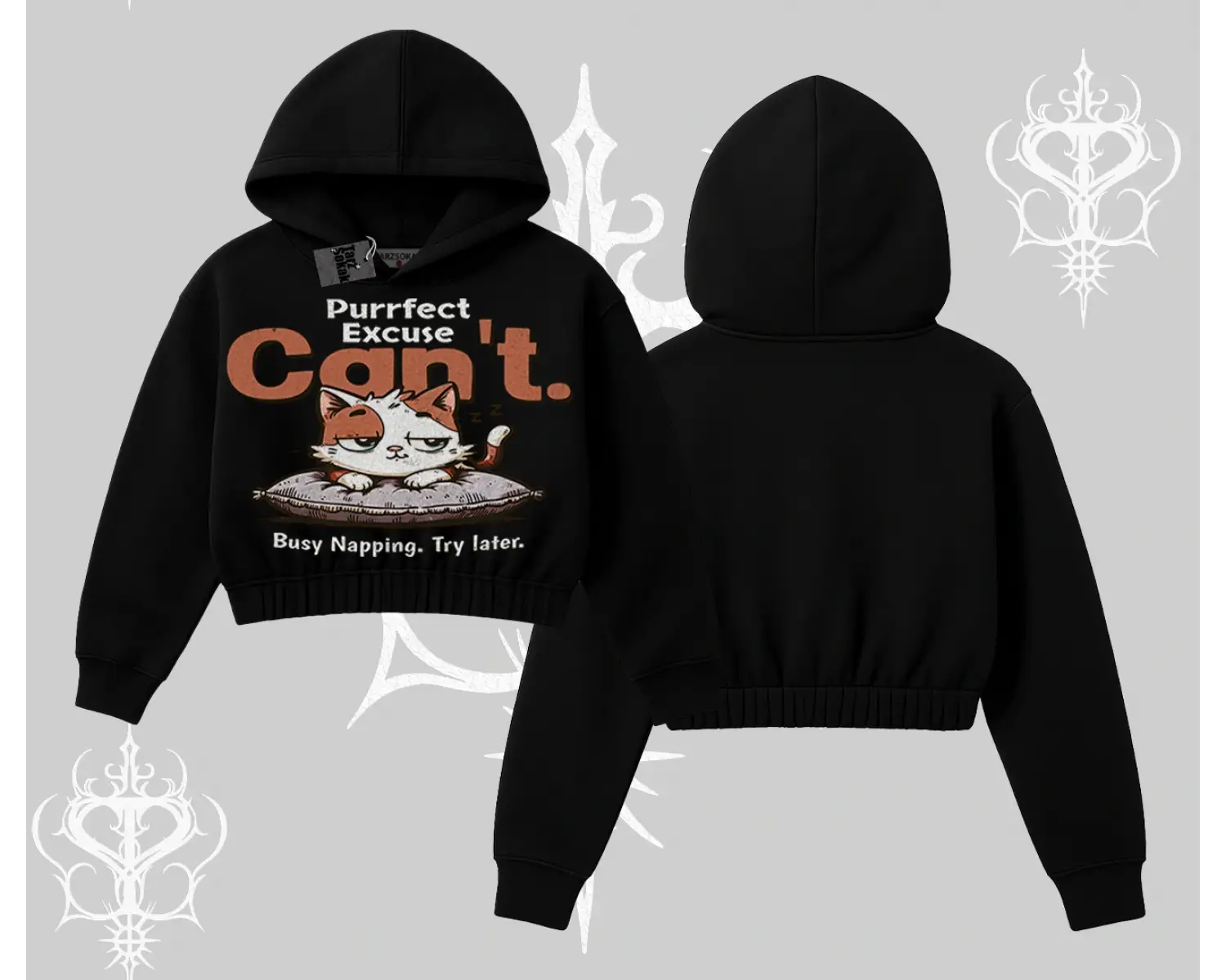 Kedi Baskılı Cant Busy Napping Y2K  Kapşonlu Crop Sweatshirt