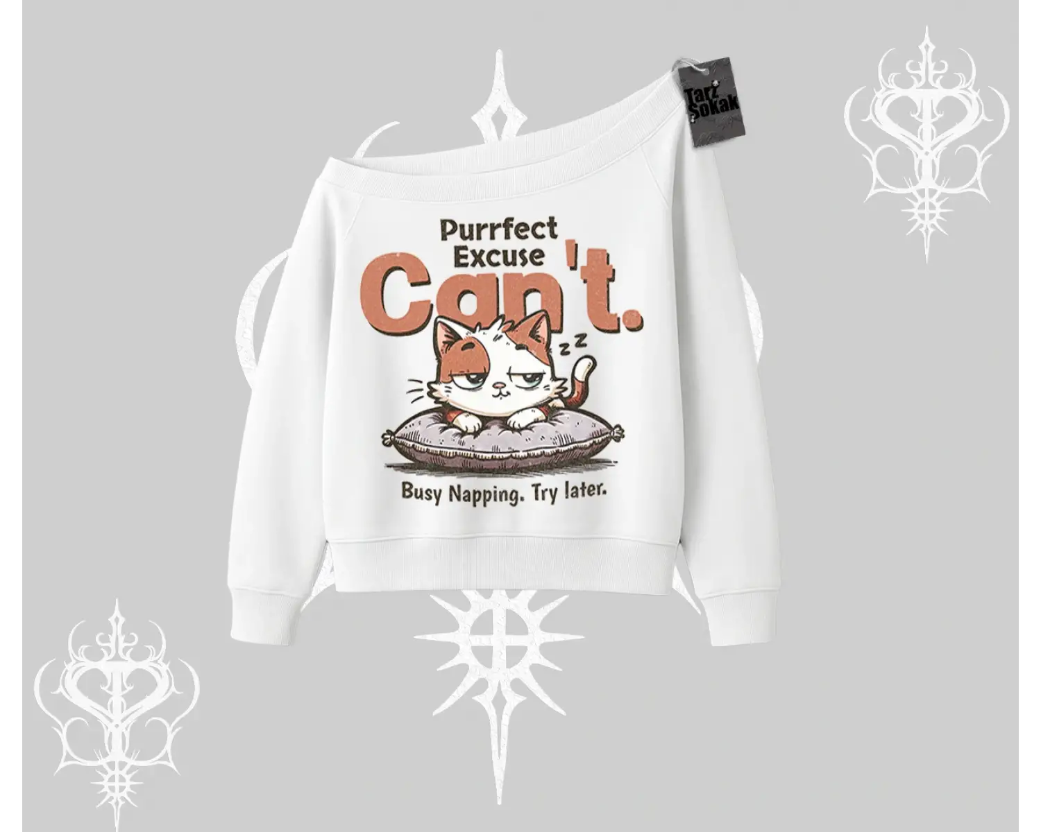 Kedi Baskılı Cant Busy Napping Y2K  Kayık Yaka Sweatshirt