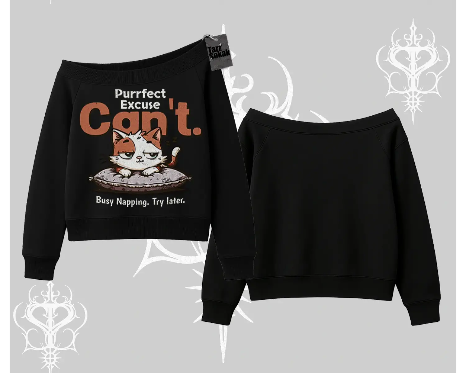 Kedi Baskılı Cant Busy Napping Y2K  Kayık Yaka Sweatshirt